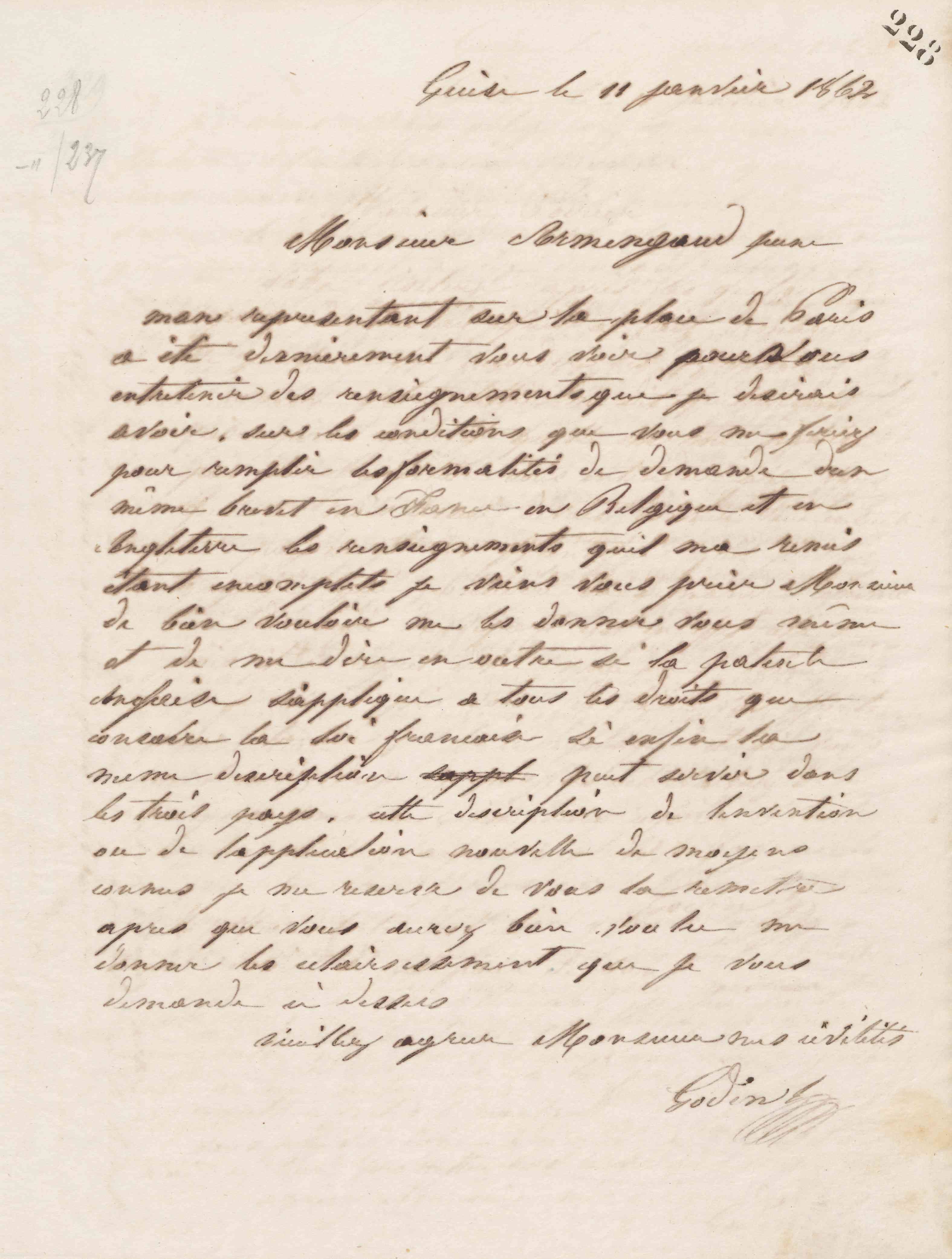 Jean-Baptiste André Godin à Charles Armengaud, 11 janvier 1862