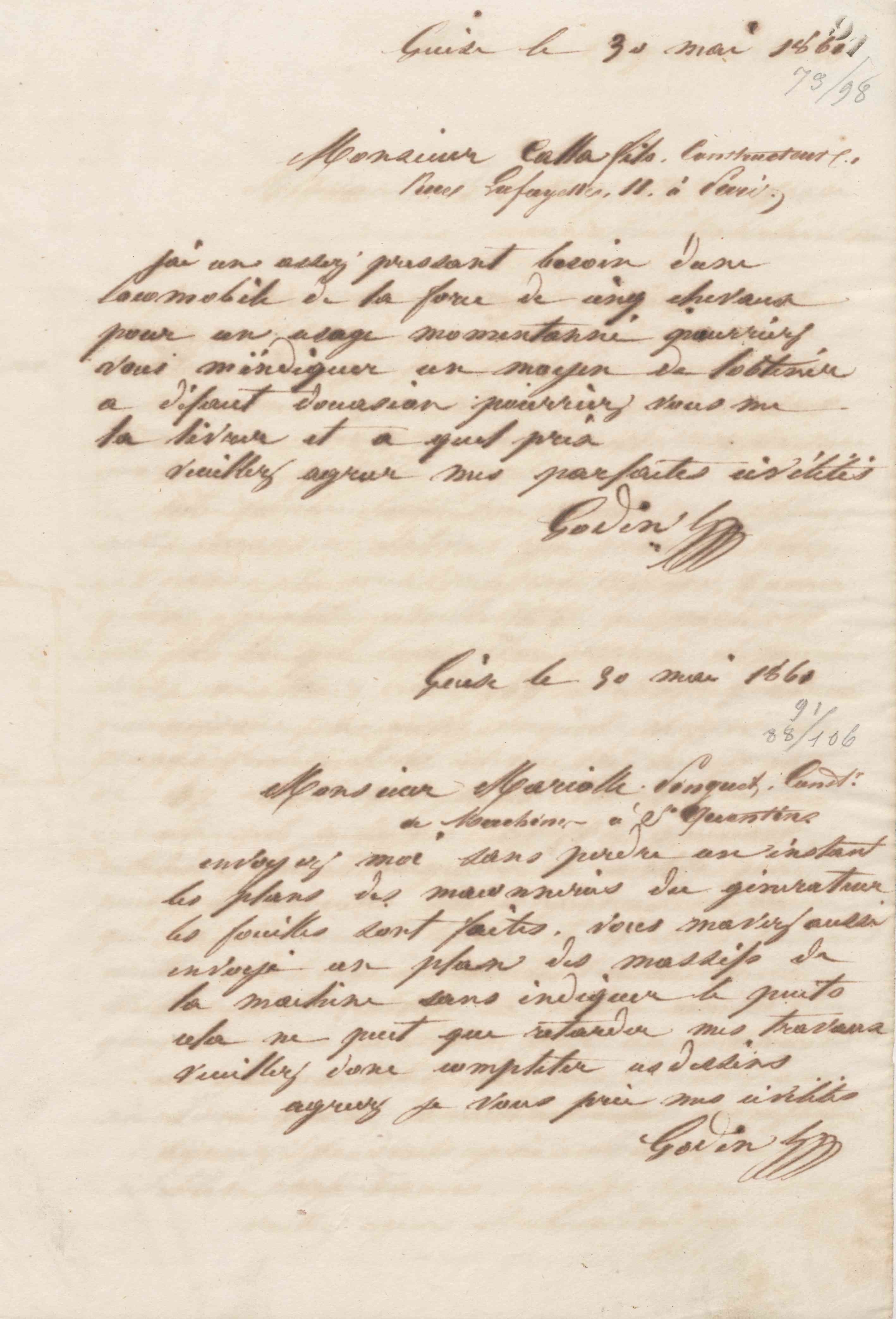 Jean-Baptiste André Godin à monsieur Charles Désiré Mariolle-Pinguet, 30 mai 1861