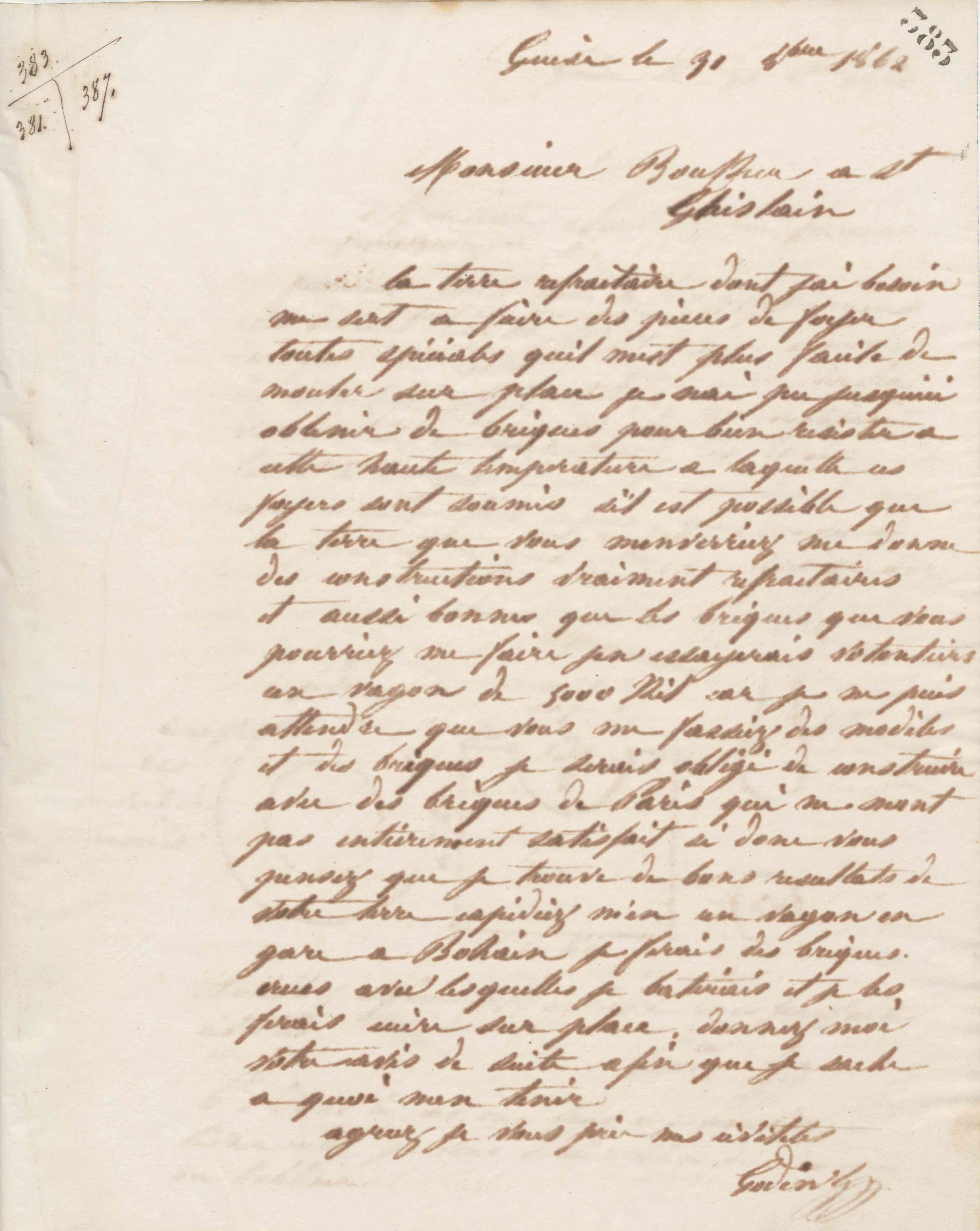 Jean-Baptiste André Godin à monsieur Th. Boucher, 31 octobre 1862
