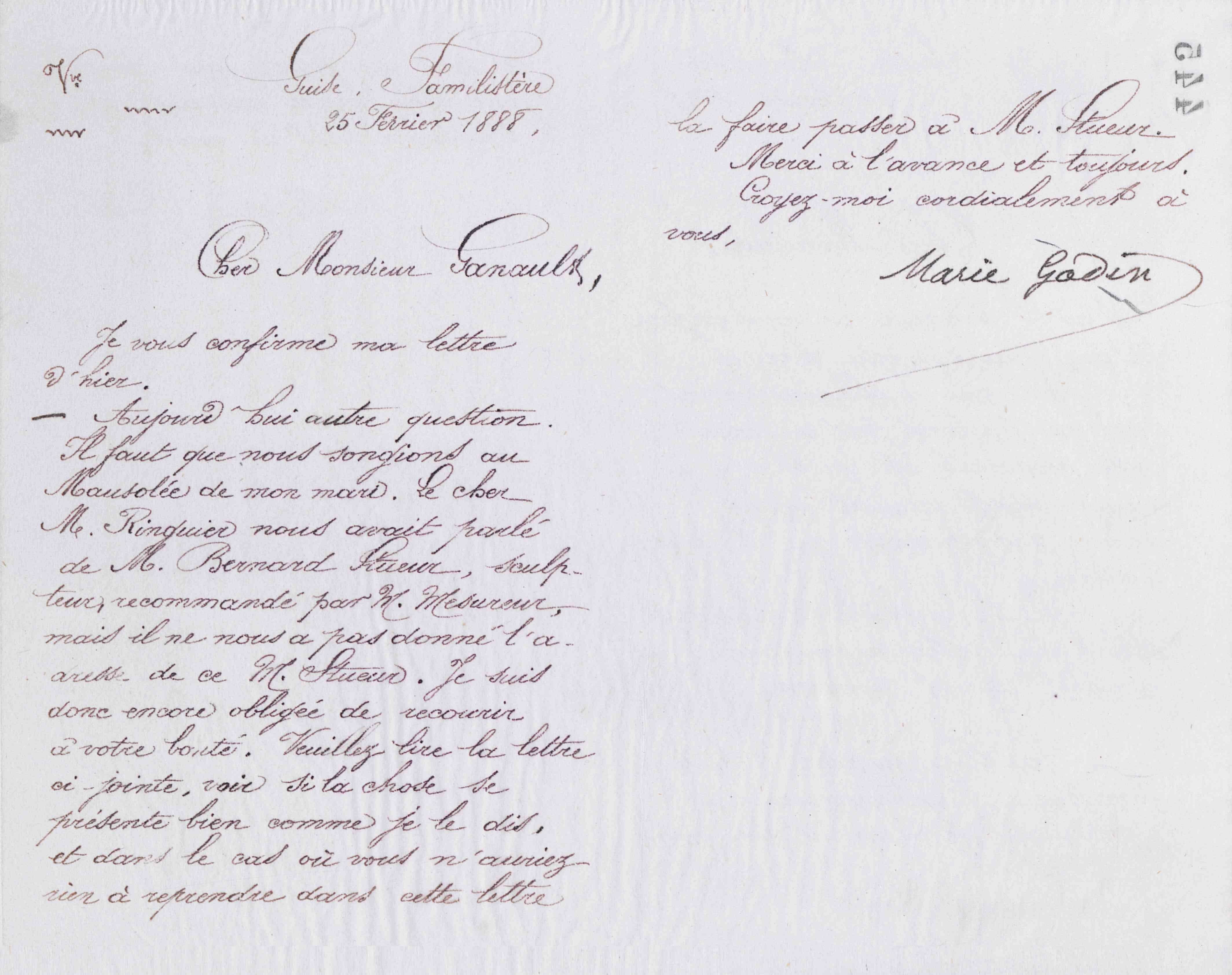 Marie Moret à Gaston Ganault, 25 février 1888