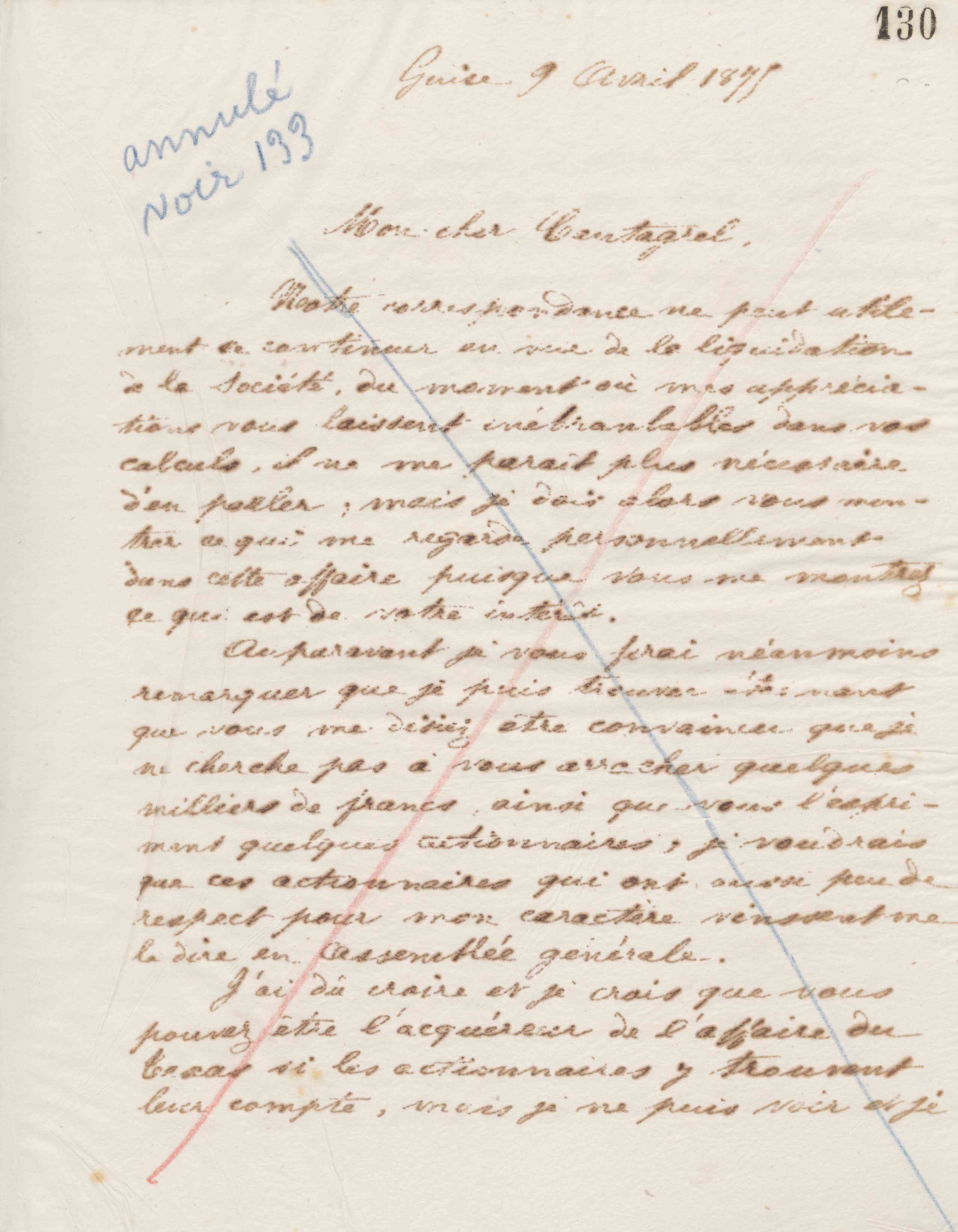 Jean-Baptiste André Godin à François Cantagrel, 9 avril 1875