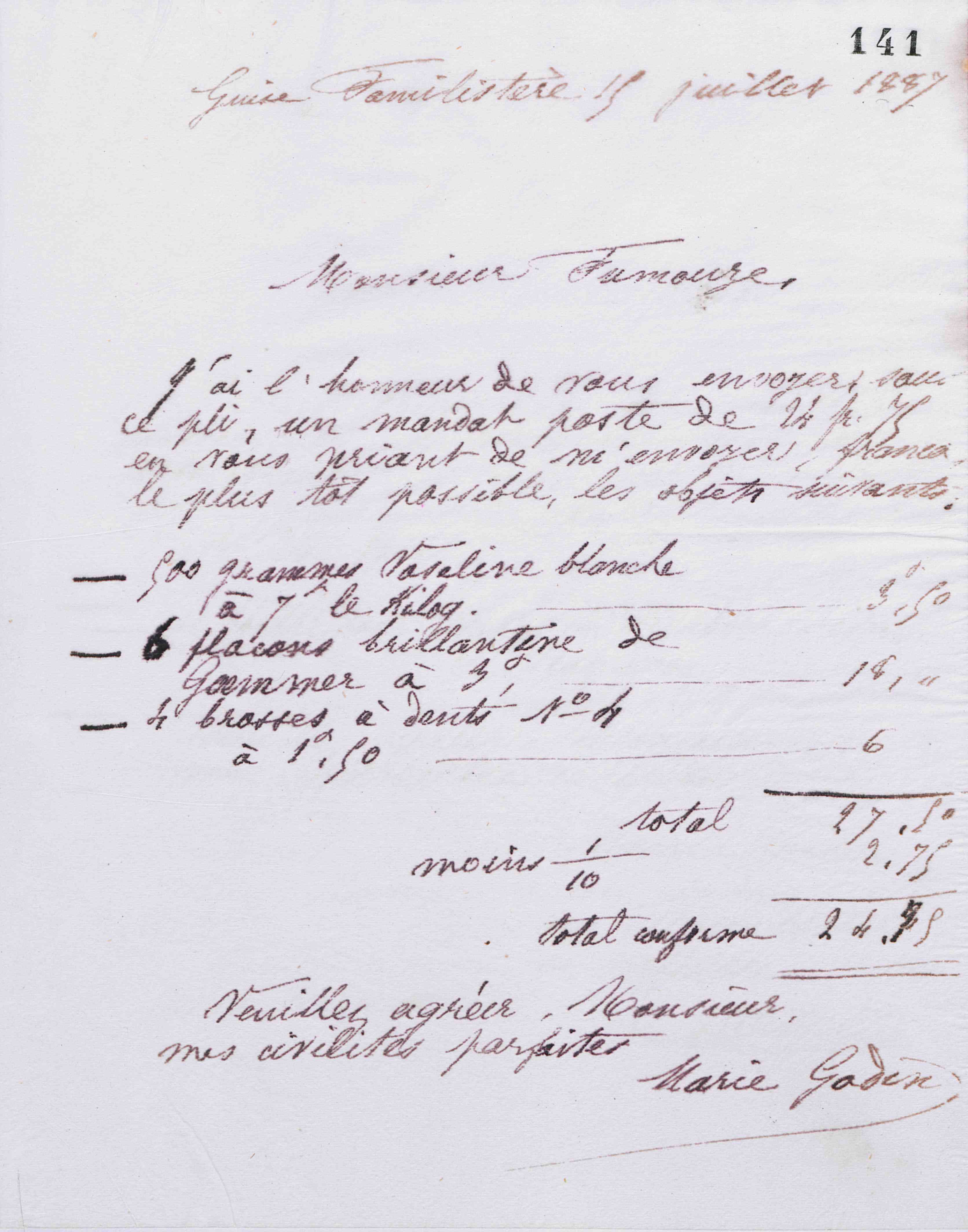 Marie Moret à Fumouze frères, 15 juillet 1887