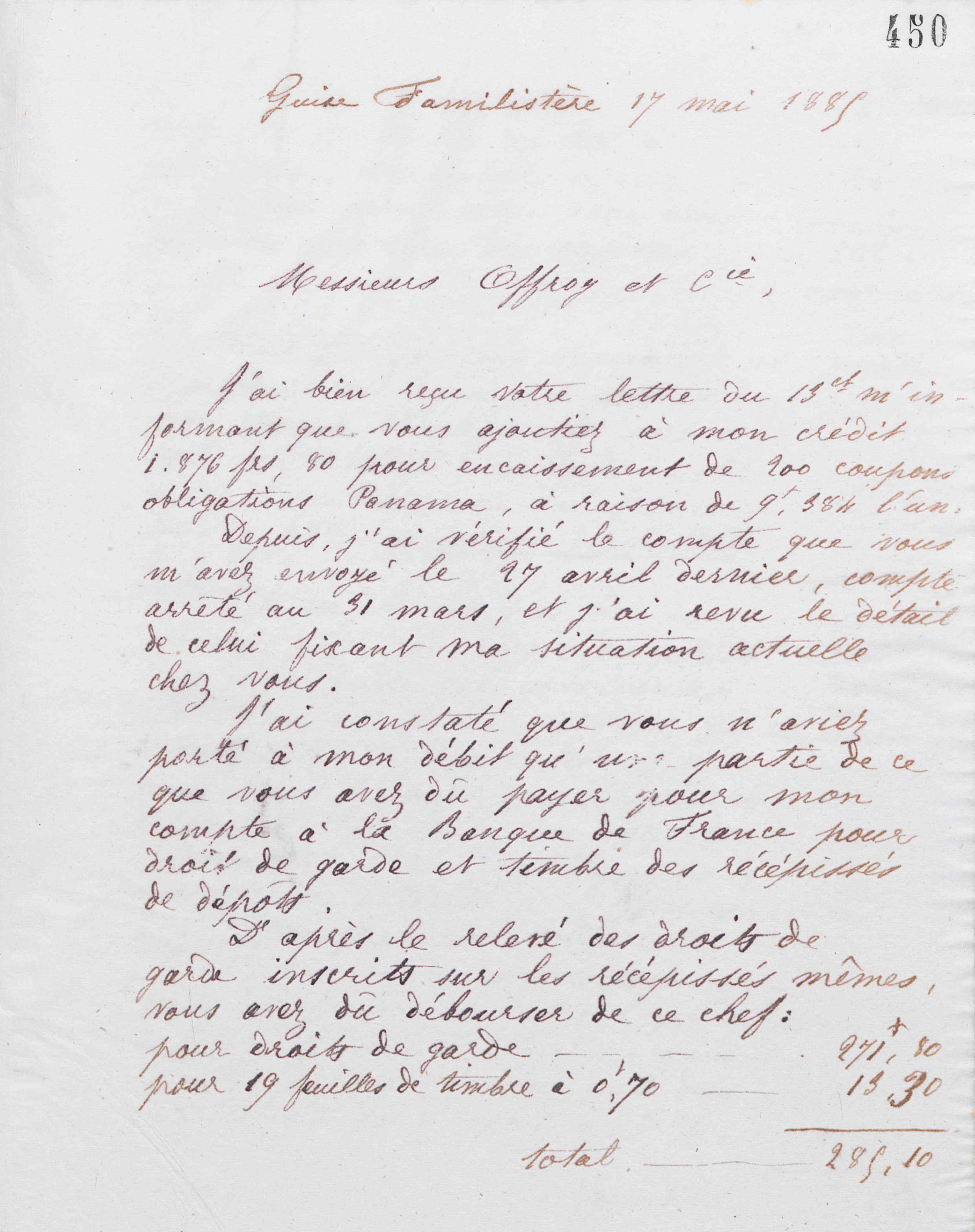 Marie Moret à Offroy et Cie, 17 mai 1885 Marie Moret à Offroy et Cie, 17 mai 1885