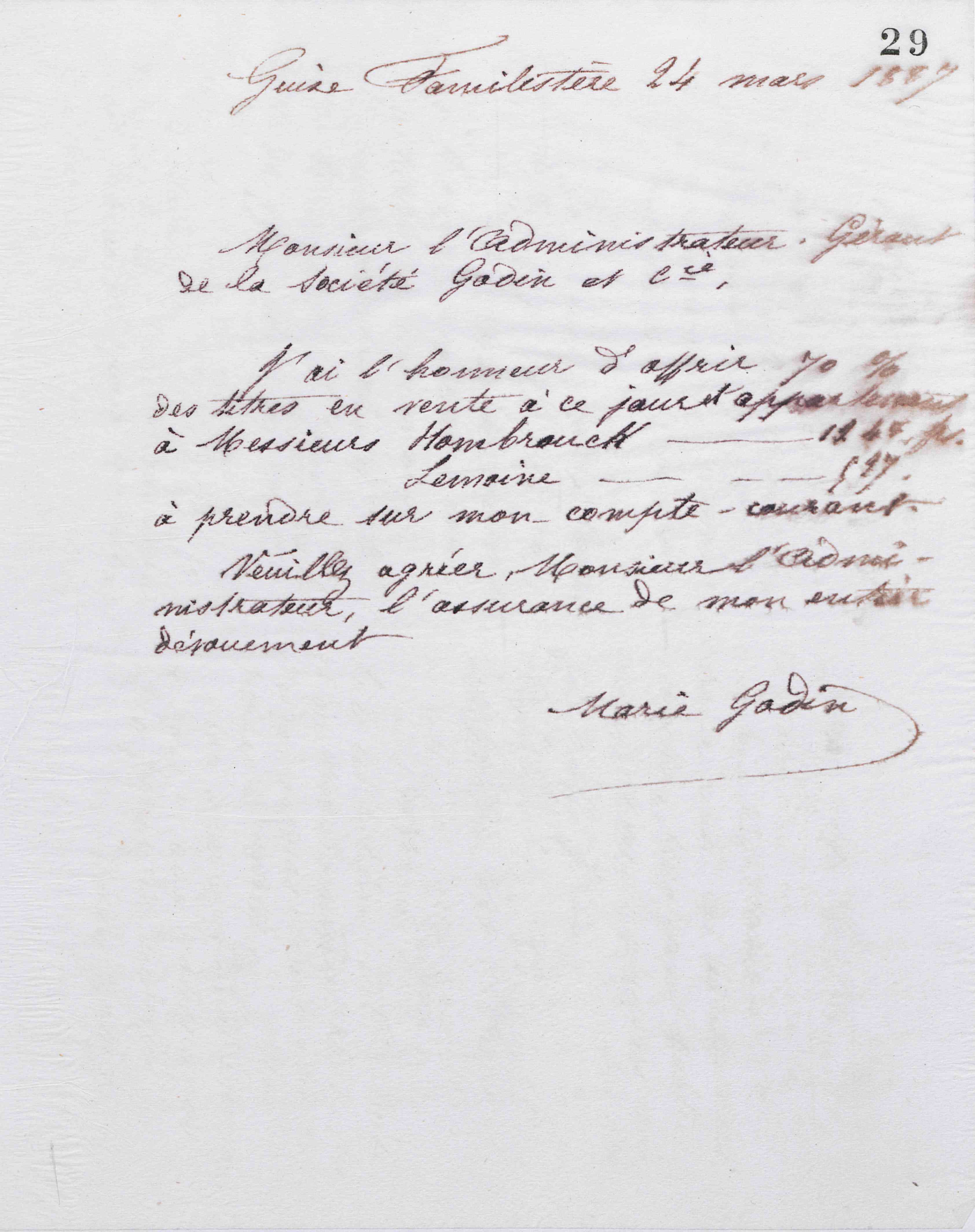 Marie Moret à l'administrateur-gérant de la Société du Familistère de Guise, 24 mars 1887