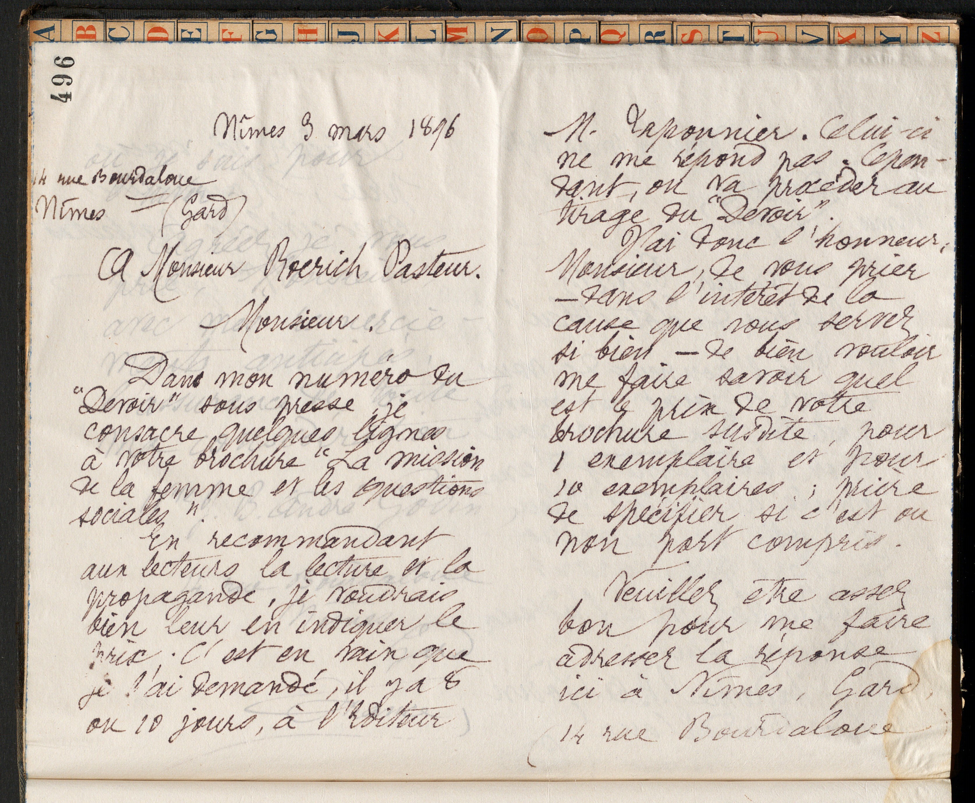 Marie Moret à Henri Roehrich, 3 mars 1896