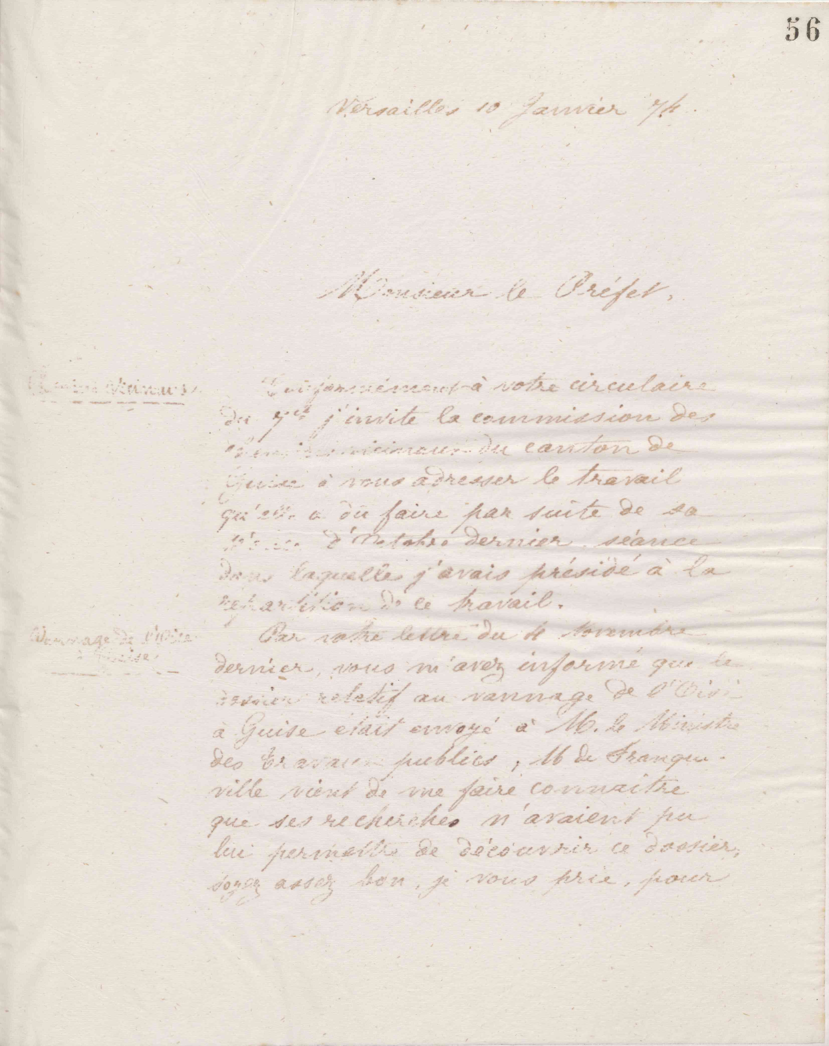 Jean-Baptiste André Godin au préfet de l'Aisne, 10 janvier 1874