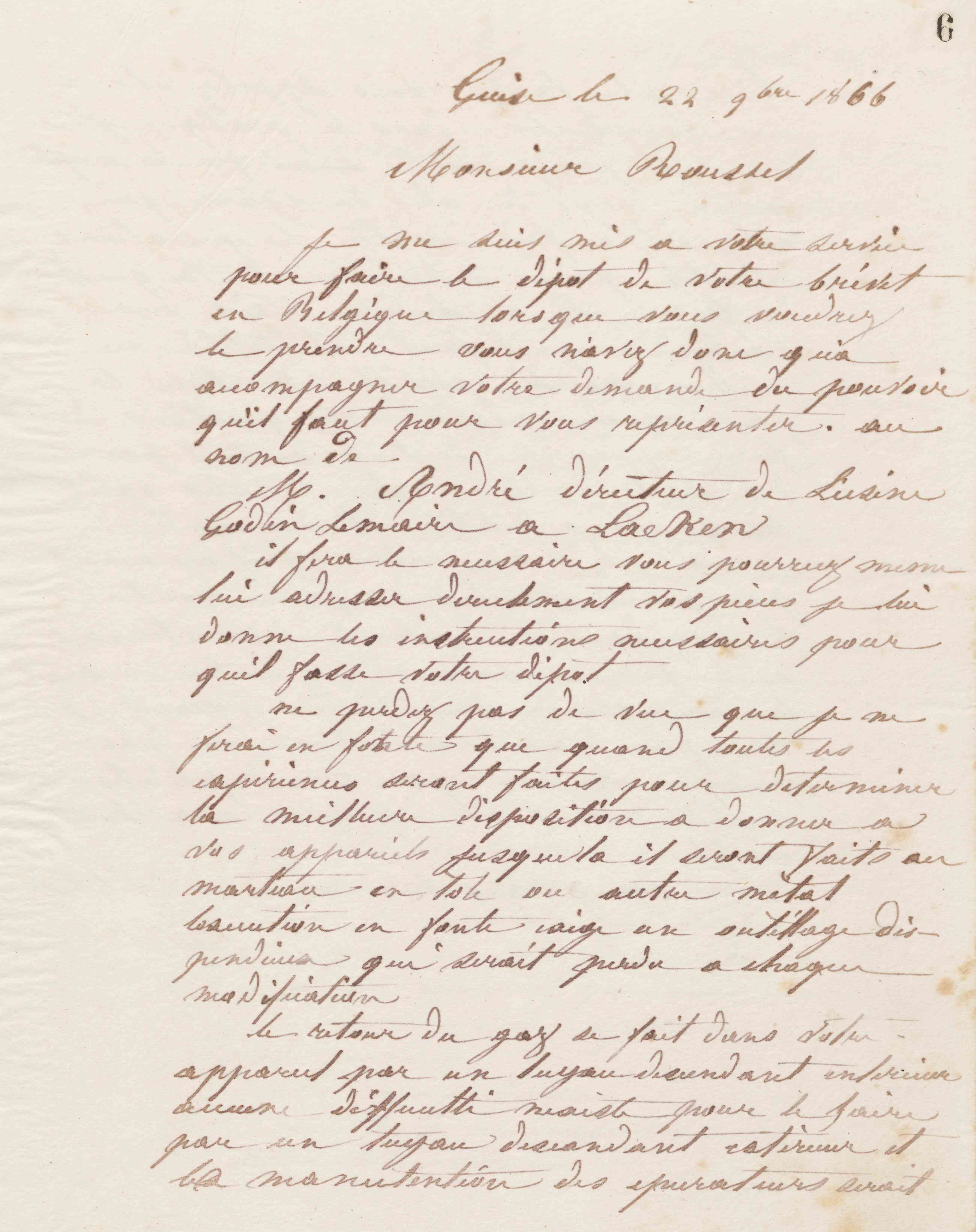 Jean-Baptiste André Godin à monsieur Roussel, 22 novembre 1866