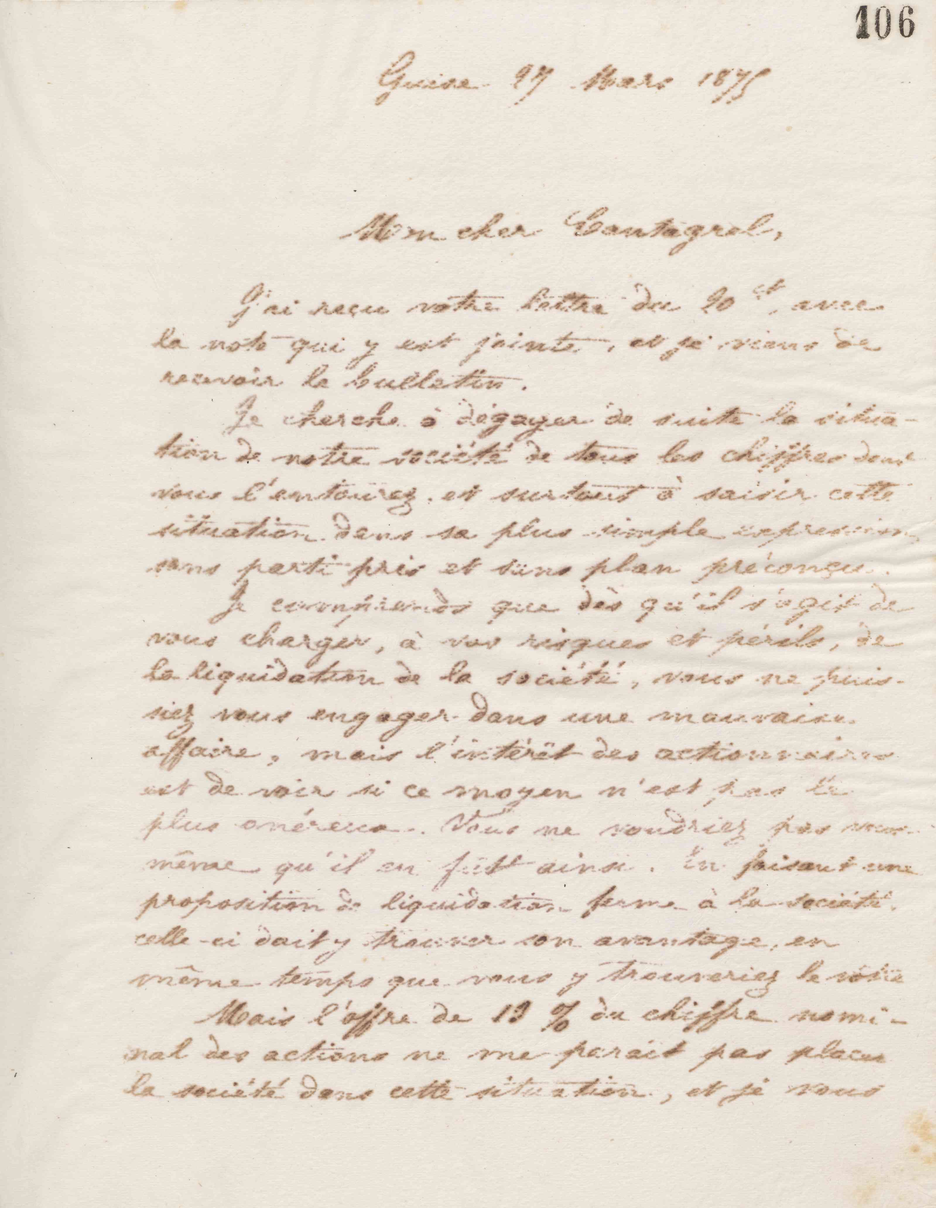 Jean-Baptiste André Godin à François Cantagrel, 27 mars 1875 Jean-Baptiste André Godin à François Cantagrel, 27 mars 1875