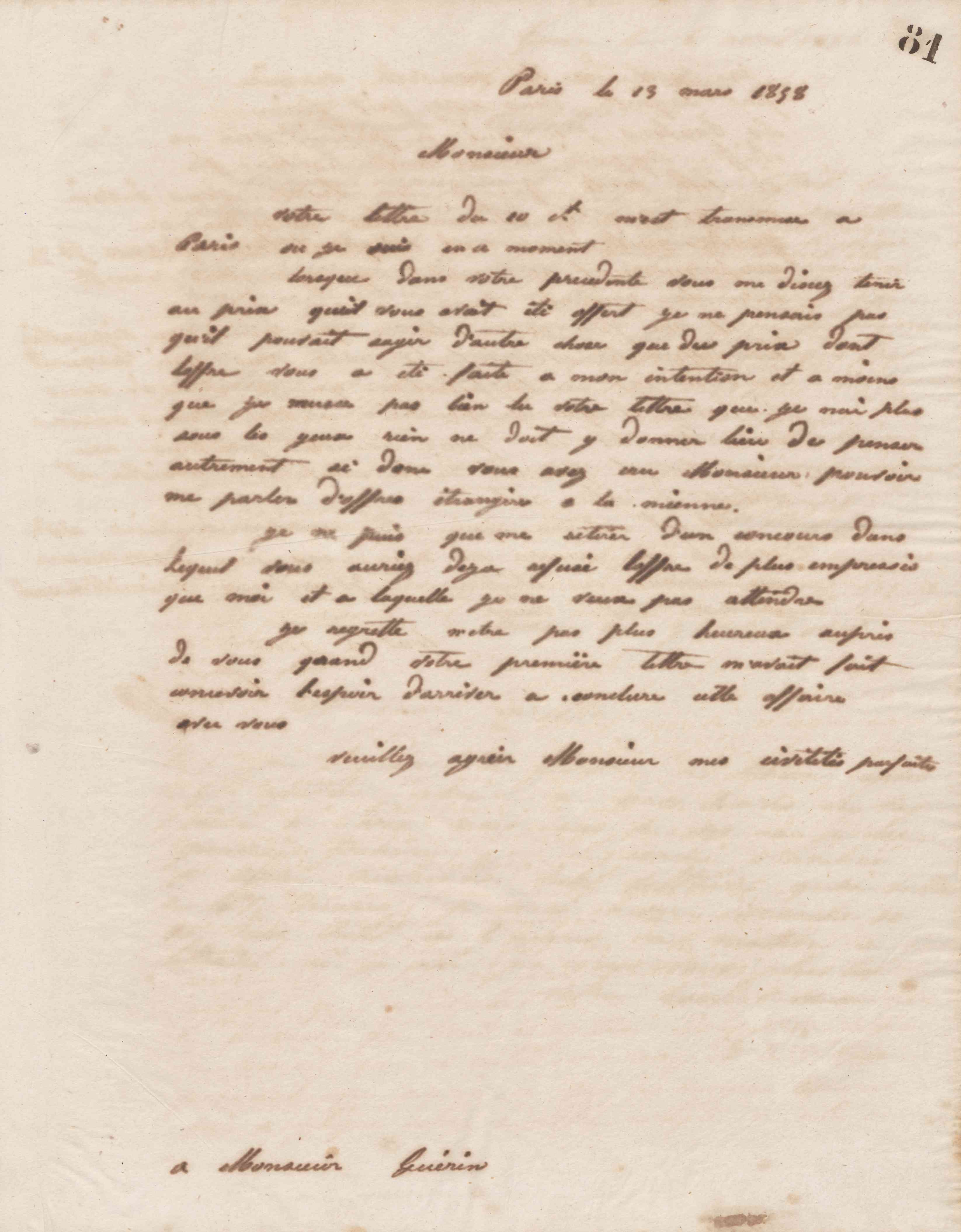 Jean-Baptiste André Godin à monsieur Guérin, 13 mars 1858