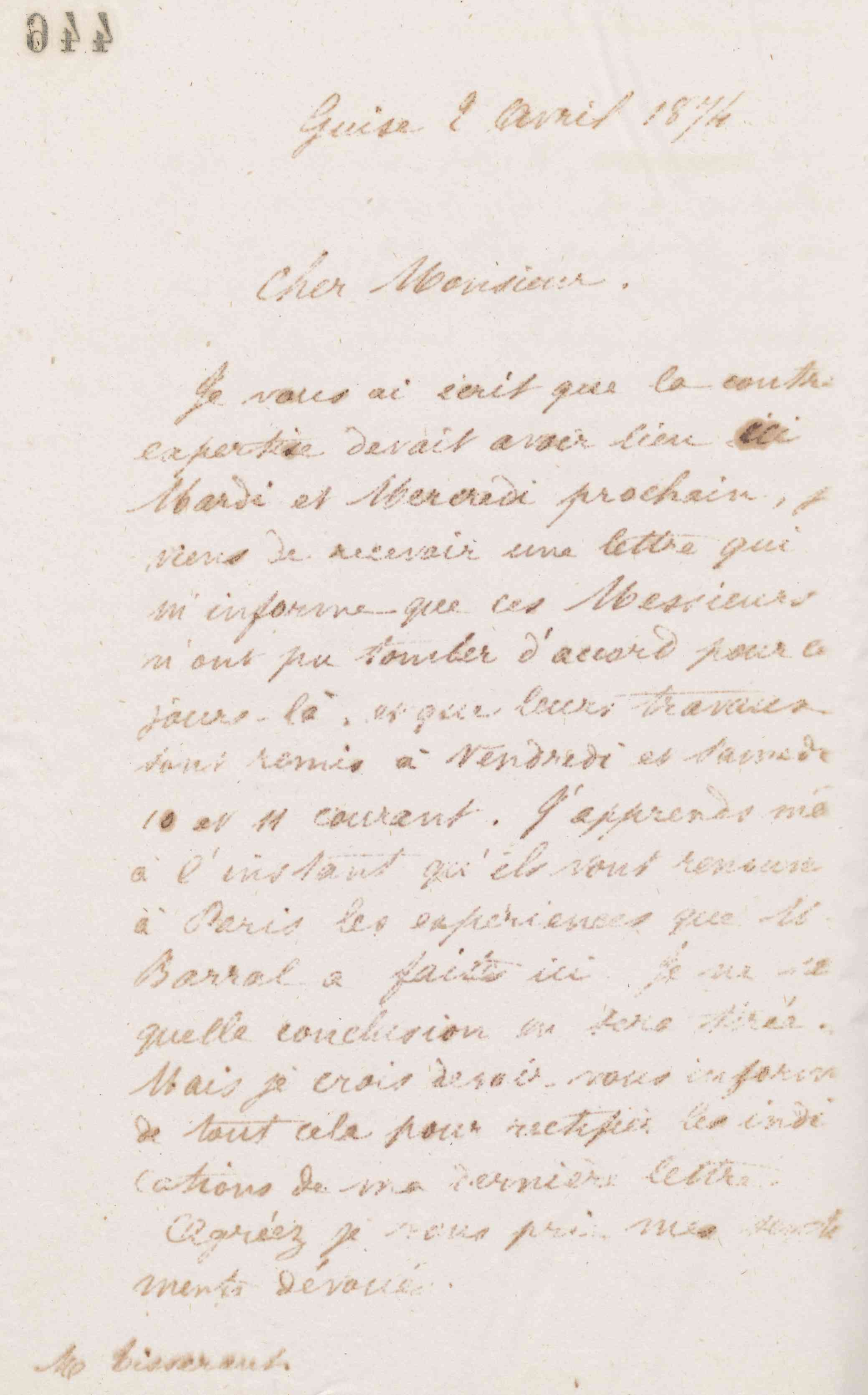 Jean-Baptiste André Godin à Alexandre Tisserant, 2 avril 1874