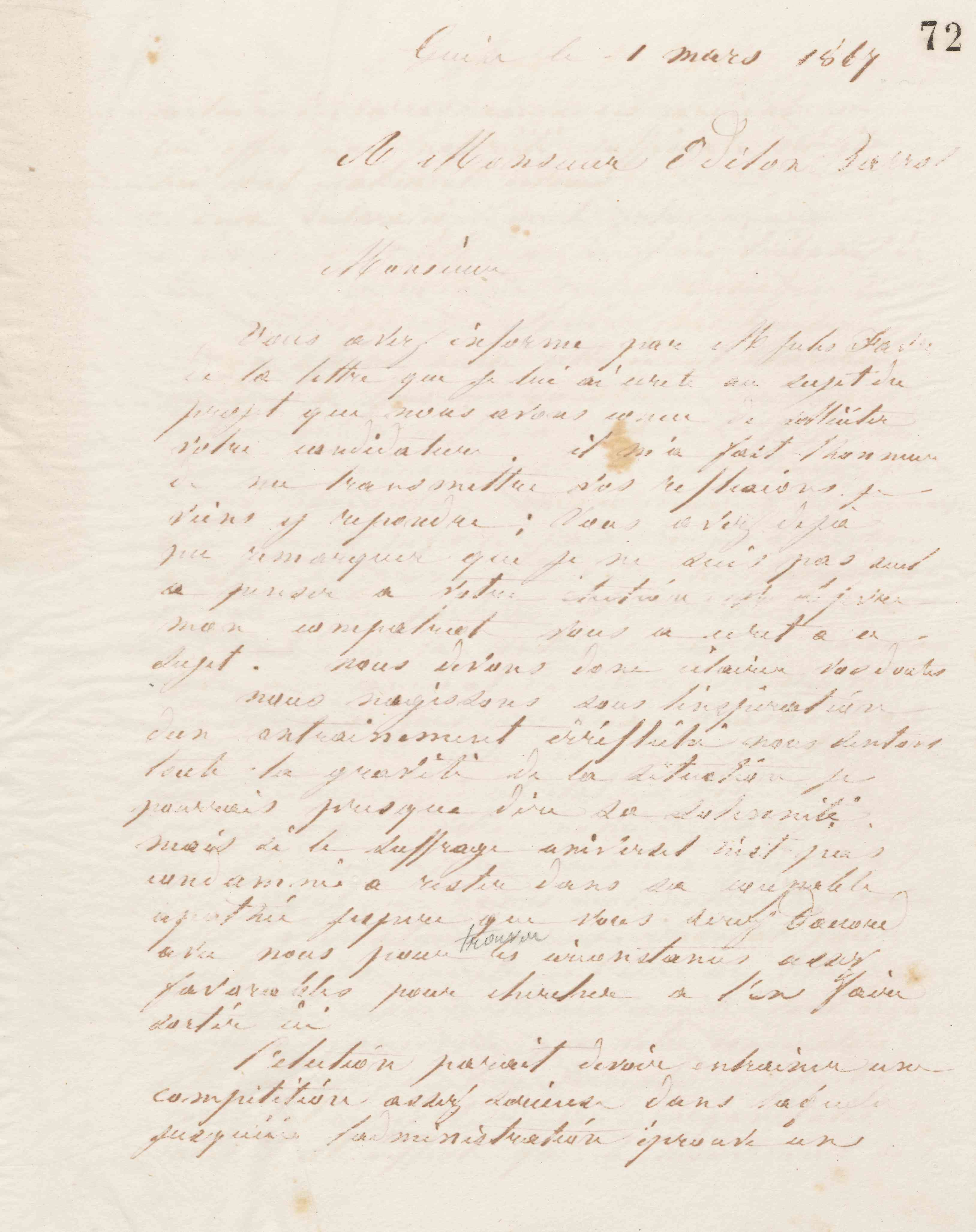 Jean-Baptiste André Godin à Odilon Barrot, 1er mars 1867