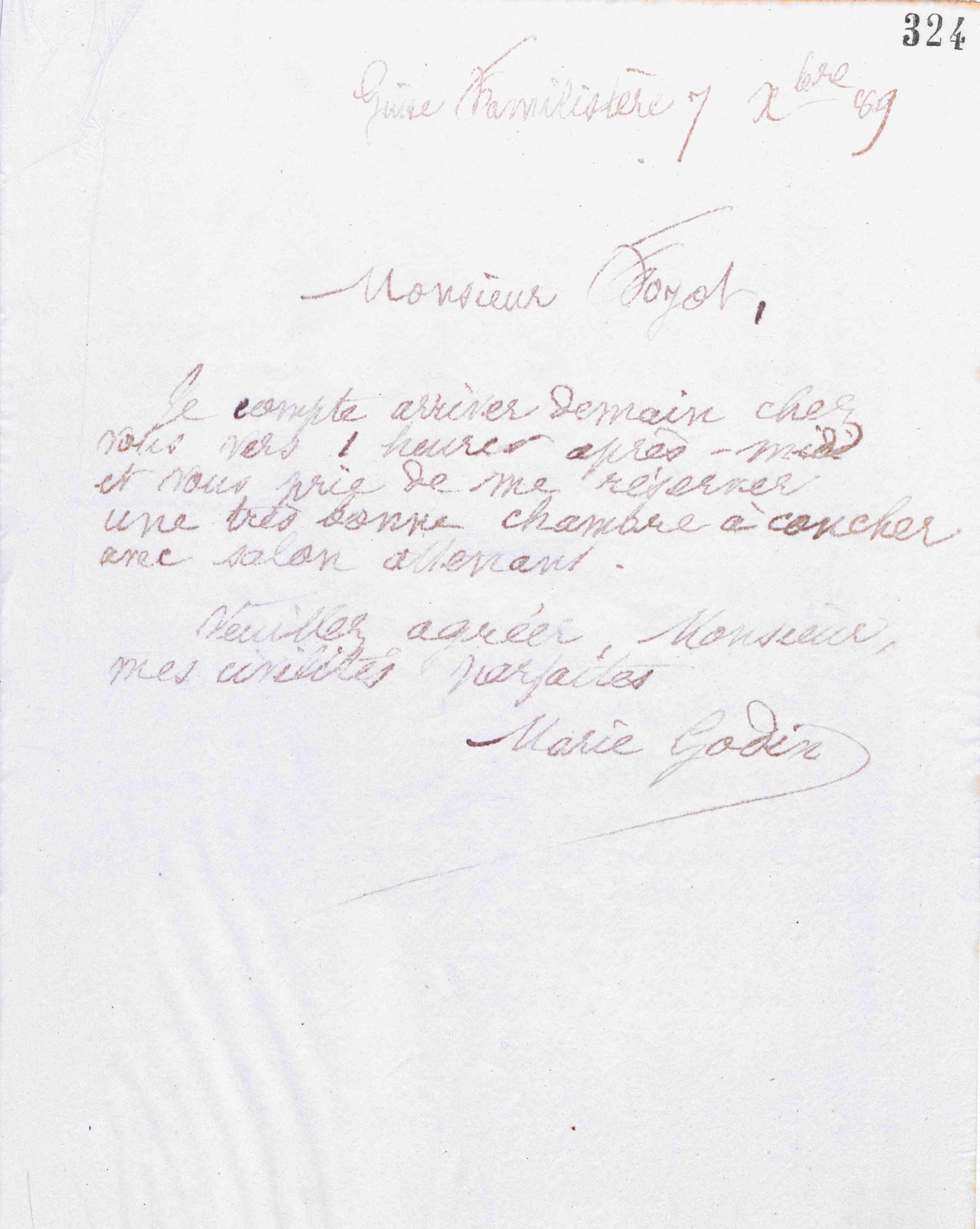 Marie Moret à l'hôtel Foyot, 7 décembre 1889 Marie Moret à l'hôtel Foyot, 7 décembre 1889