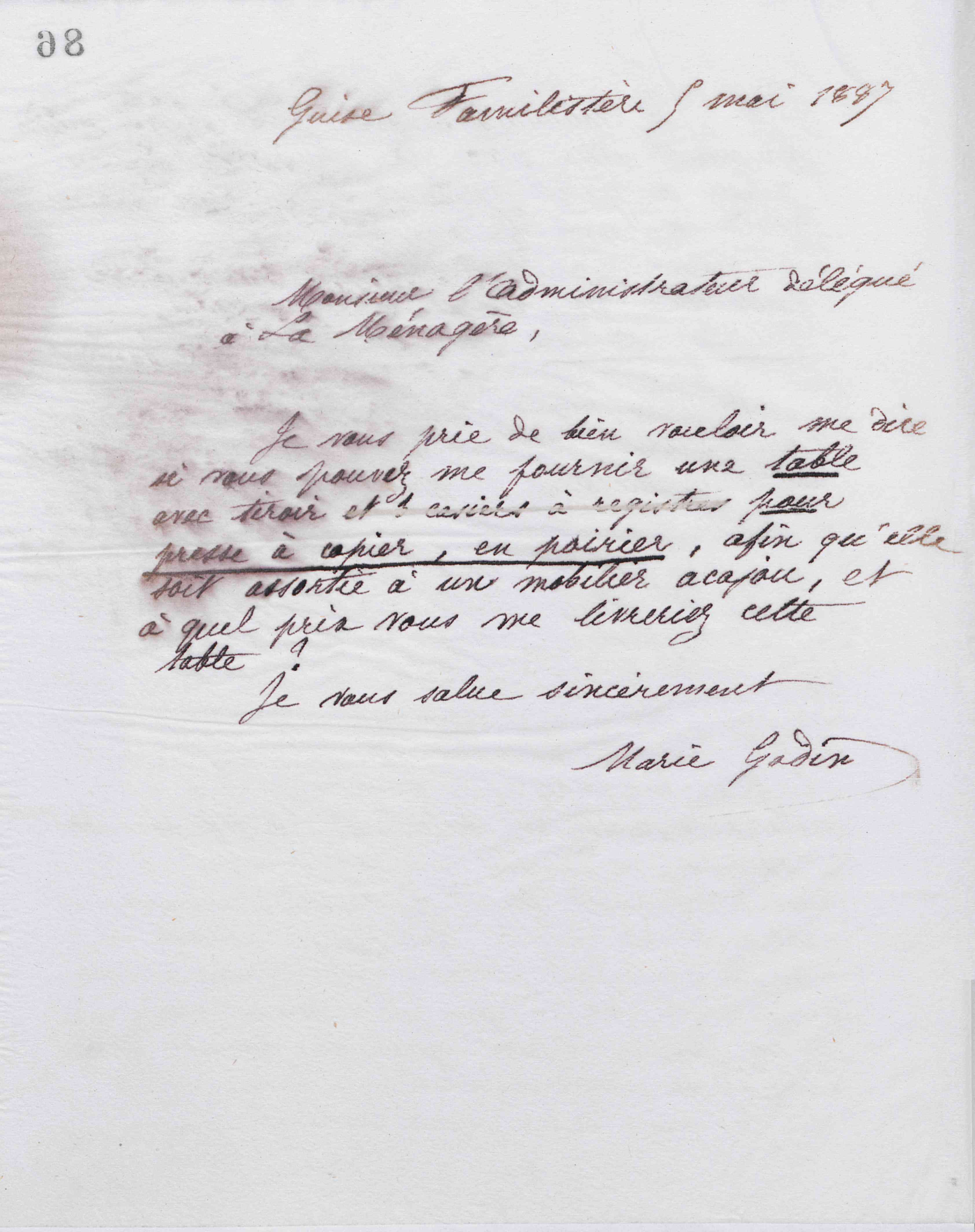 Marie Moret à l'administrateur délégué de La Ménagère, 5 mai 1887