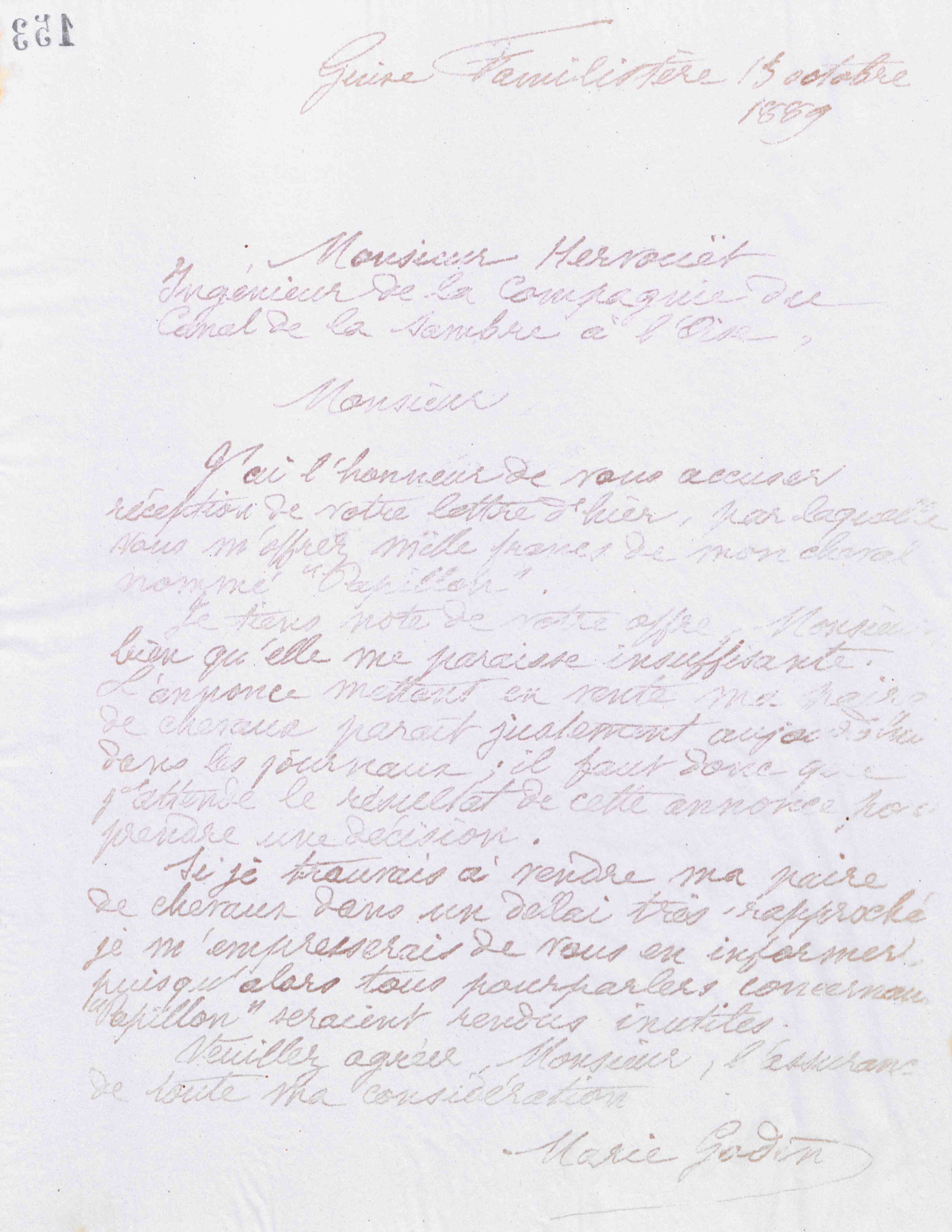 Marie Moret à monsieur Hervouët, 13 octobre 1889