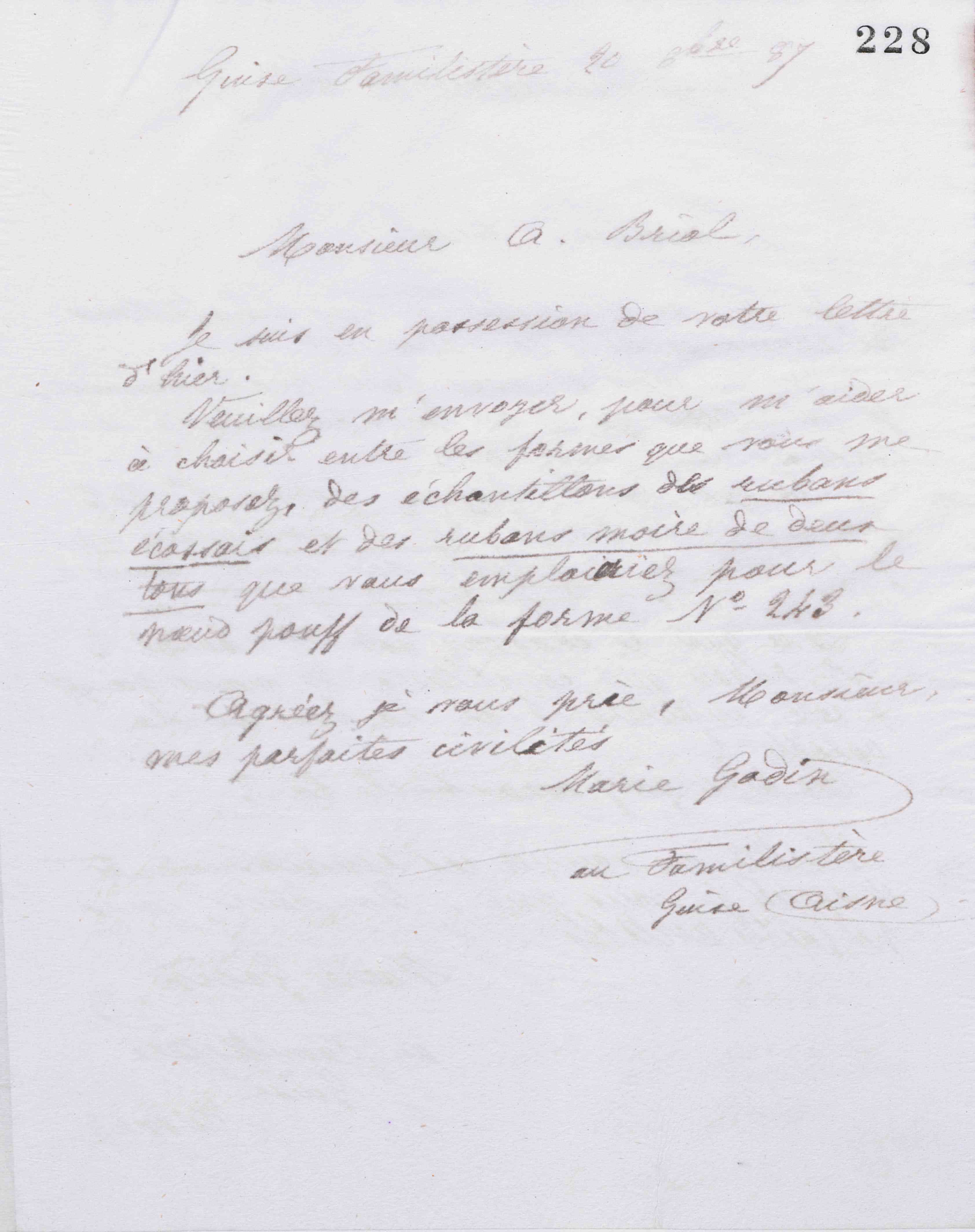 Marie Moret à Auguste Briol, 20 octobre 1887