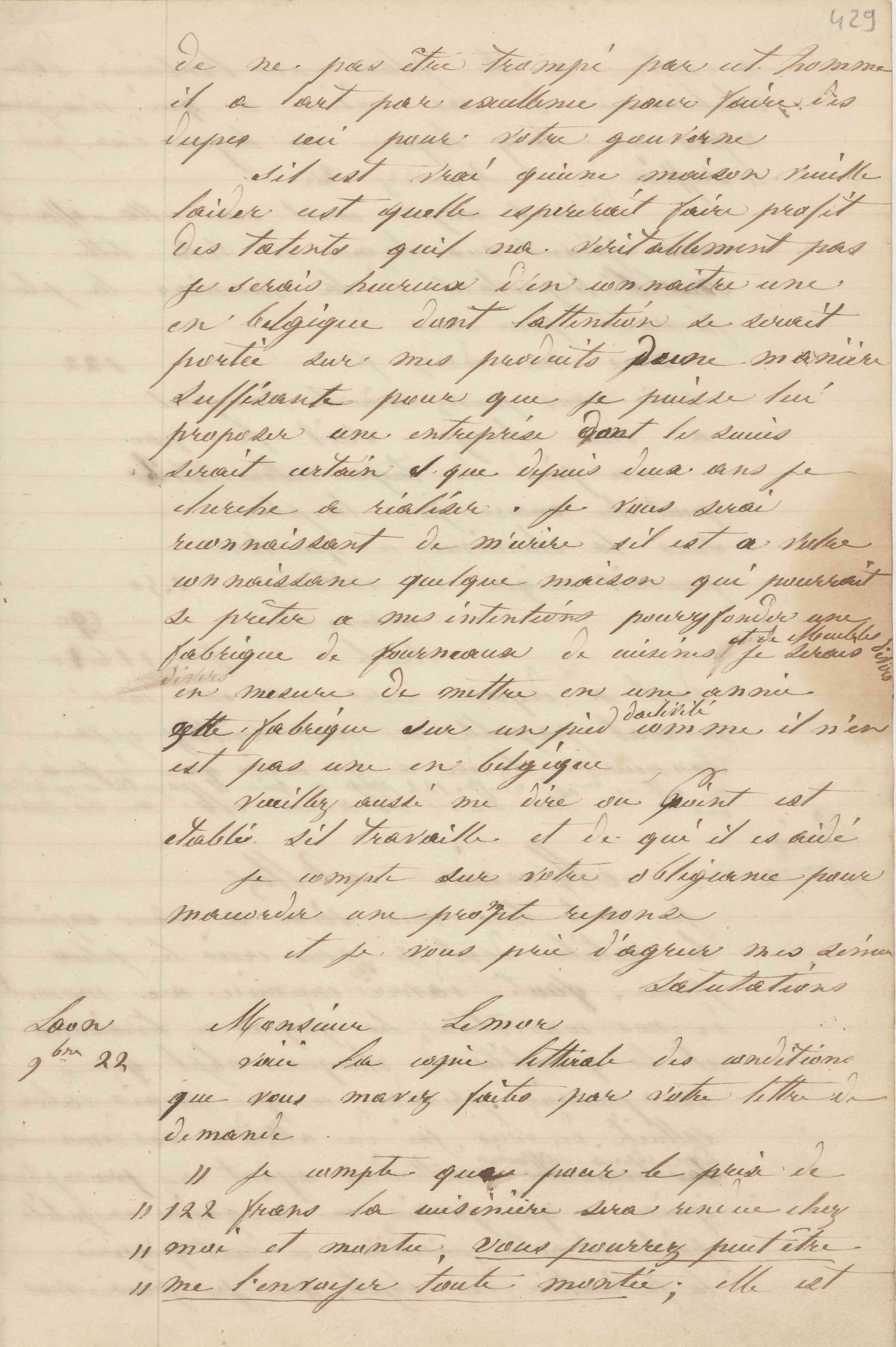 Jean-Baptiste André Godin à monsieur Colombel, 18 [novembre 1849]