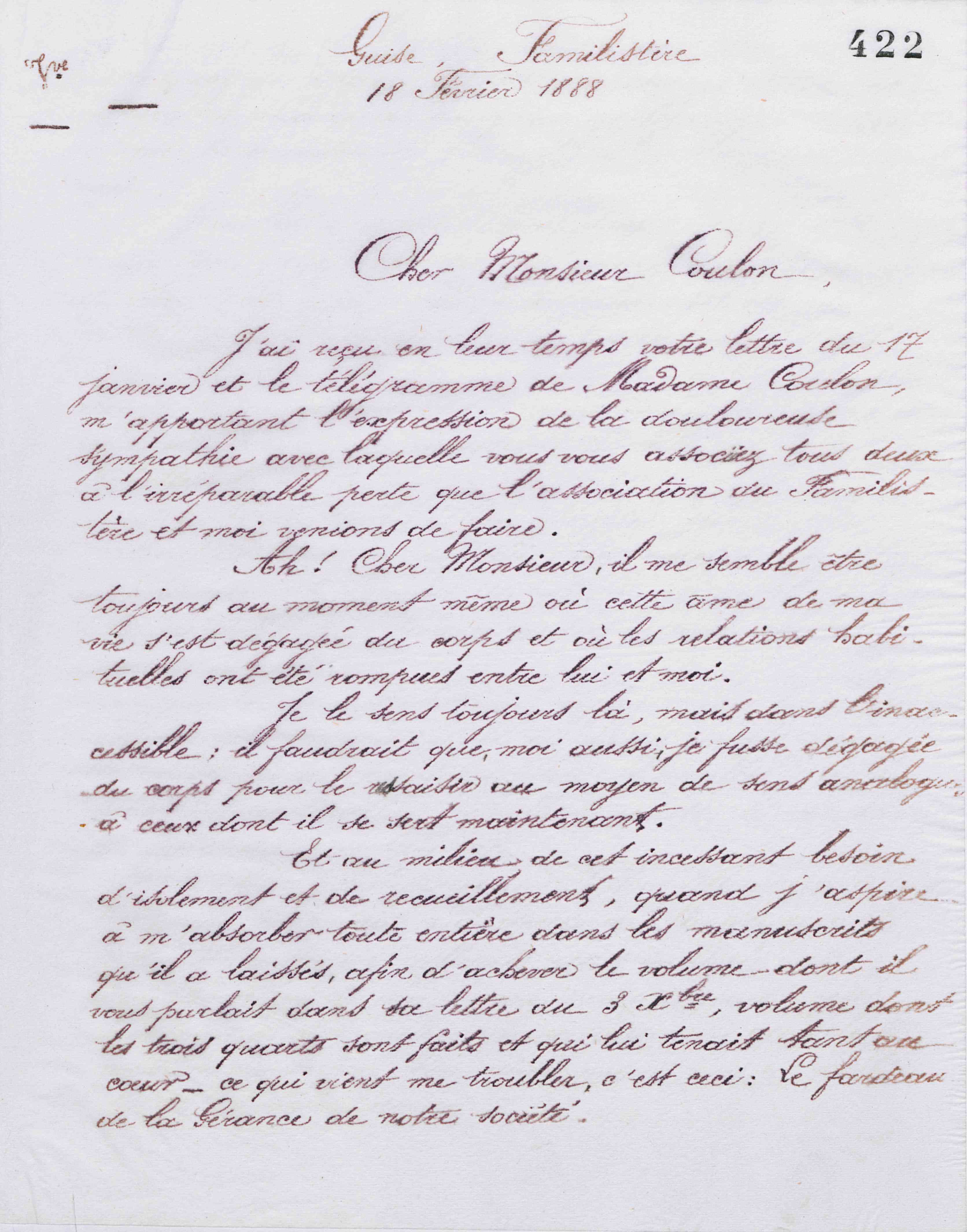 Marie Moret à Georges Coulon, 18 février 1888