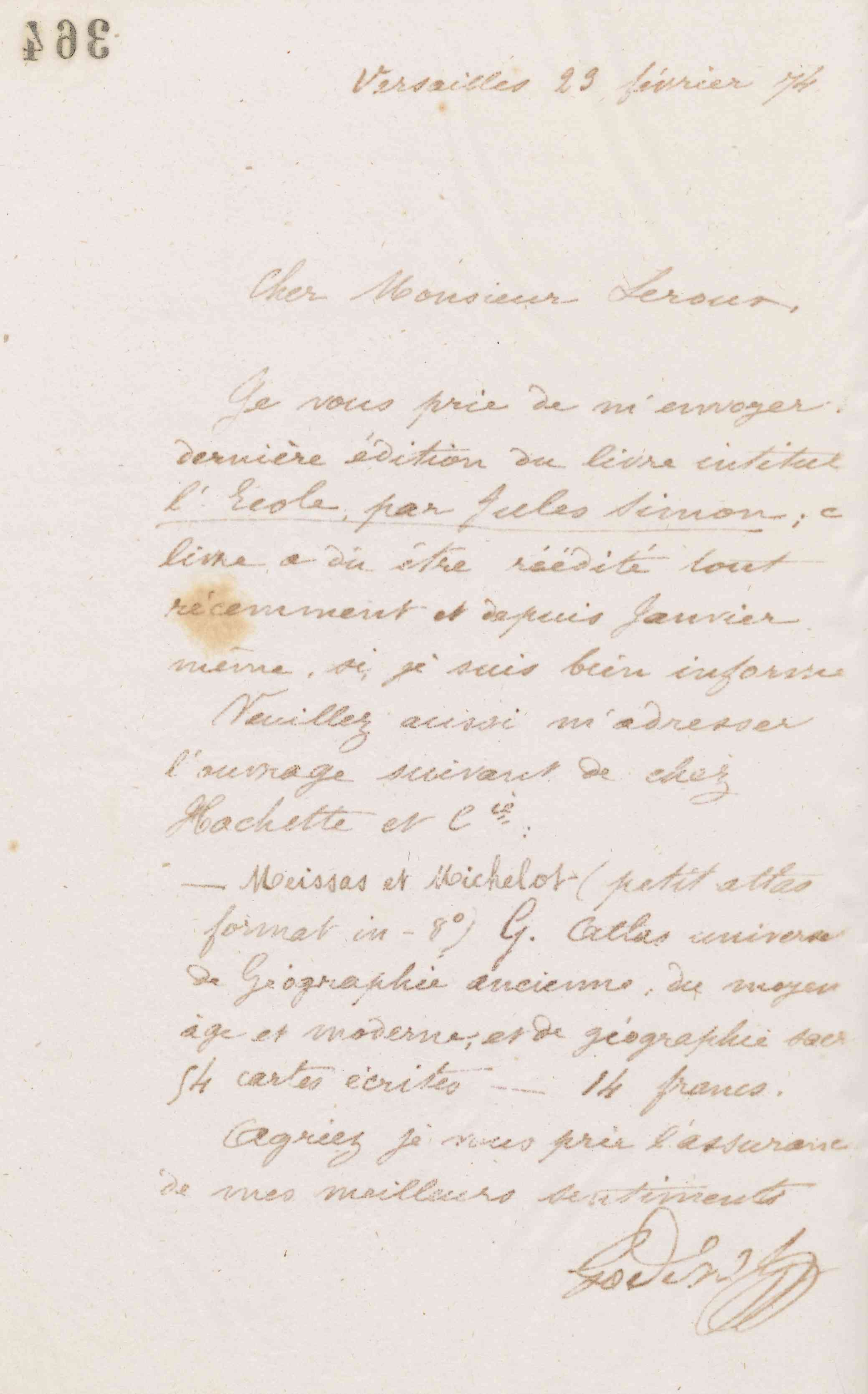 Jean-Baptiste André Godin à Ernest Leroux, 23 février 1874
