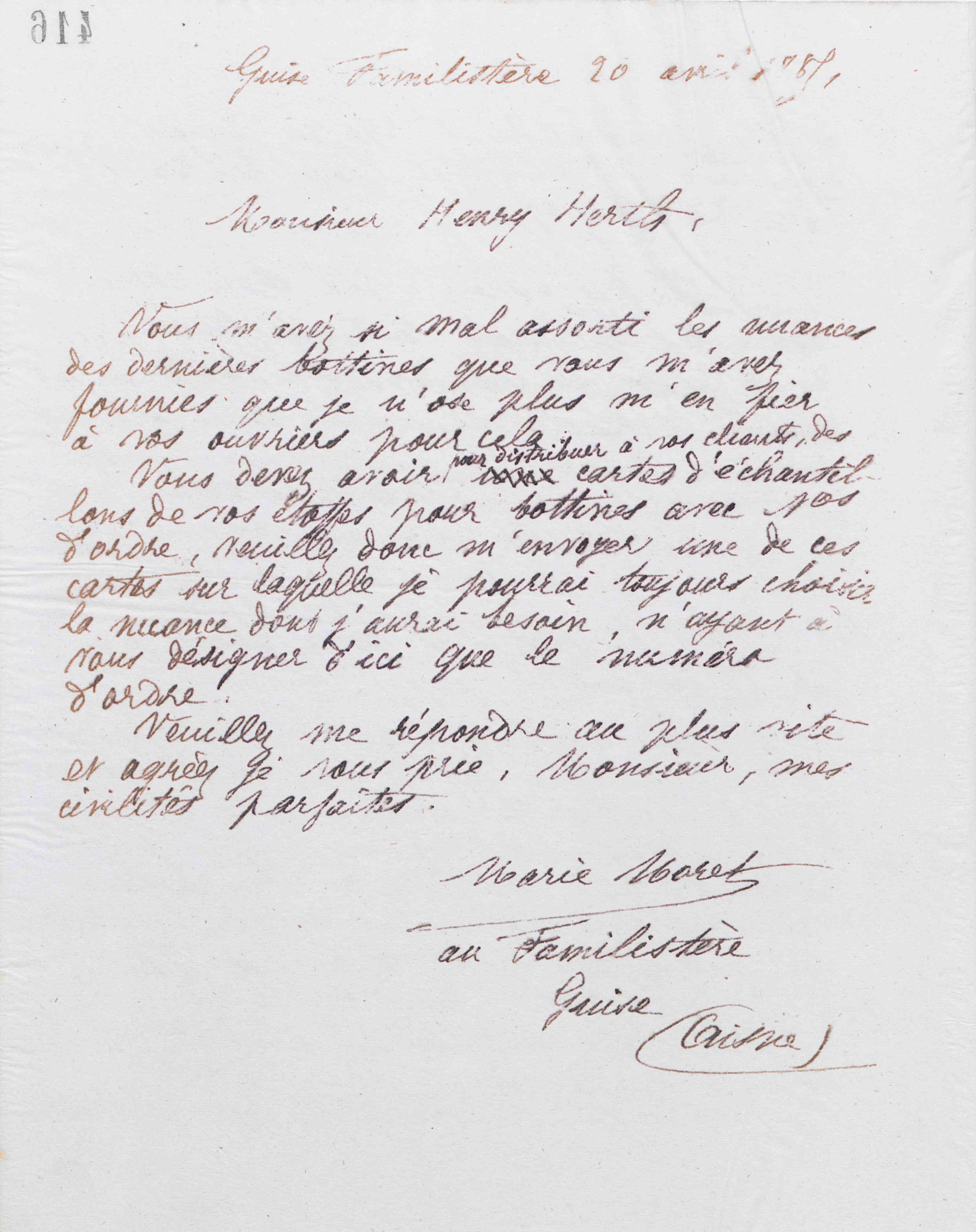 Marie Moret à Henry Herth, 20 avril 1885