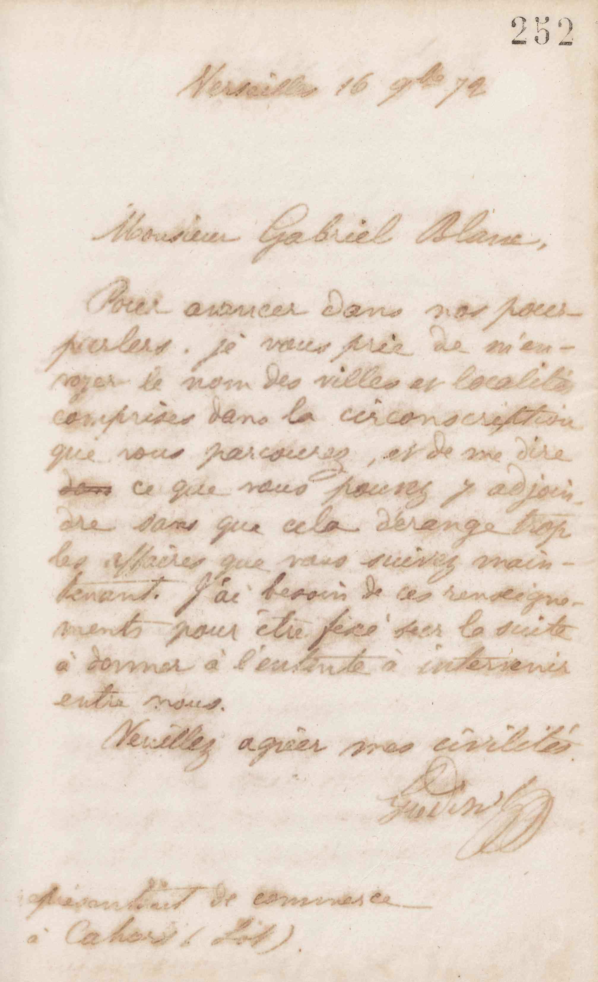 Jean-Baptiste André Godin à Gabriel Blanc, 16 novembre 1872