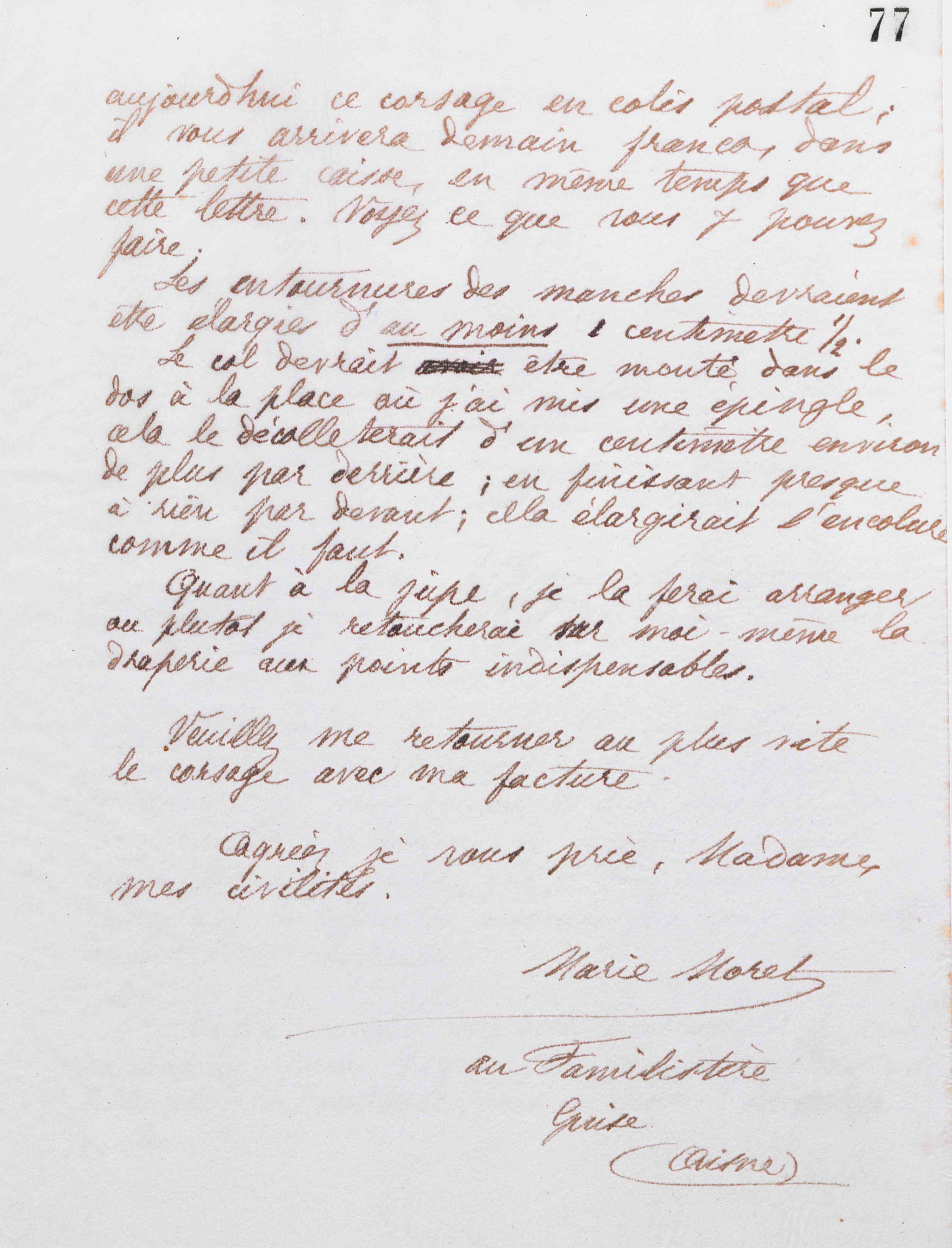 Marie Moret à madame Grivet, 7 octobre 1885