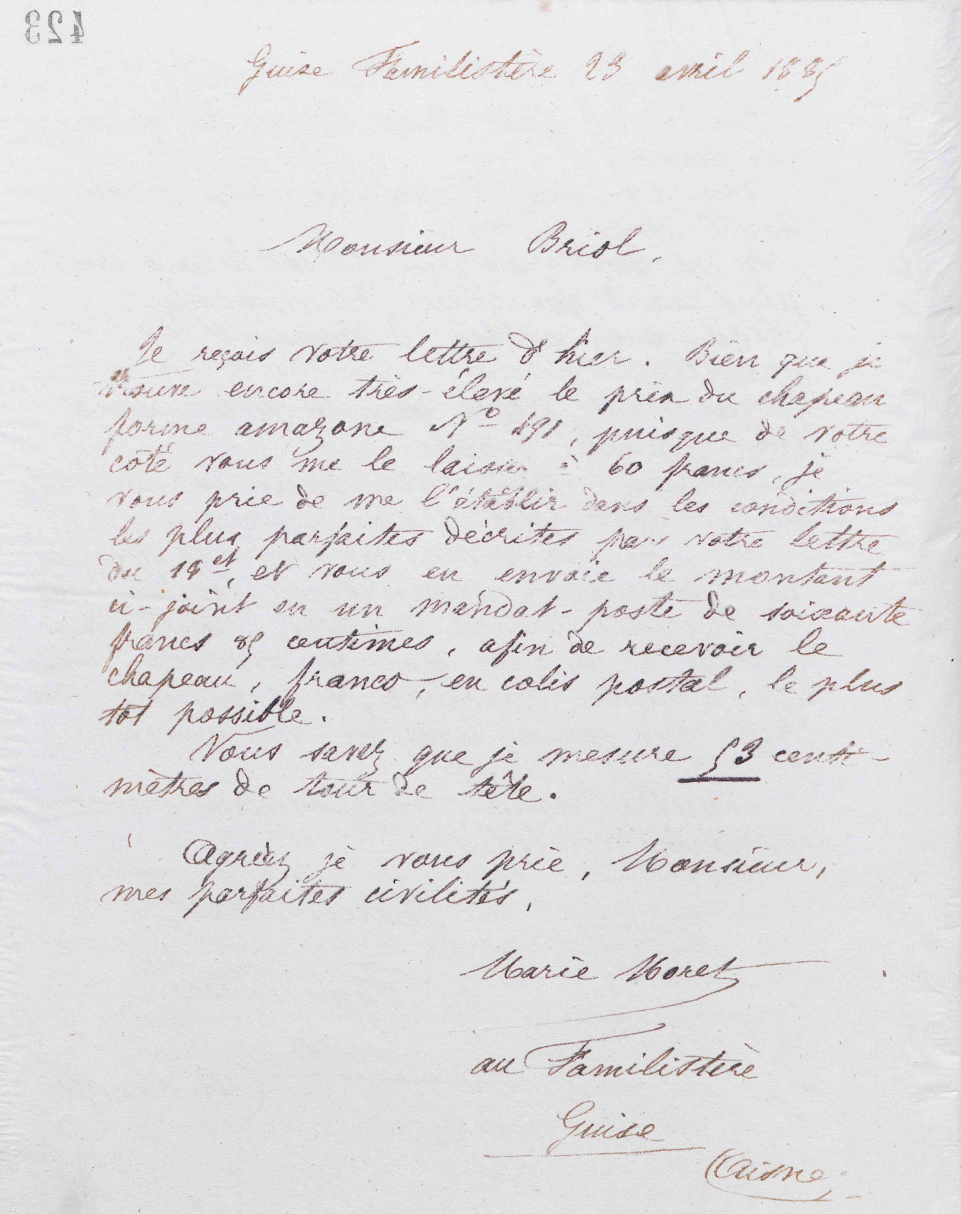 Marie Moret à Auguste Briol, 23 avril 1885
