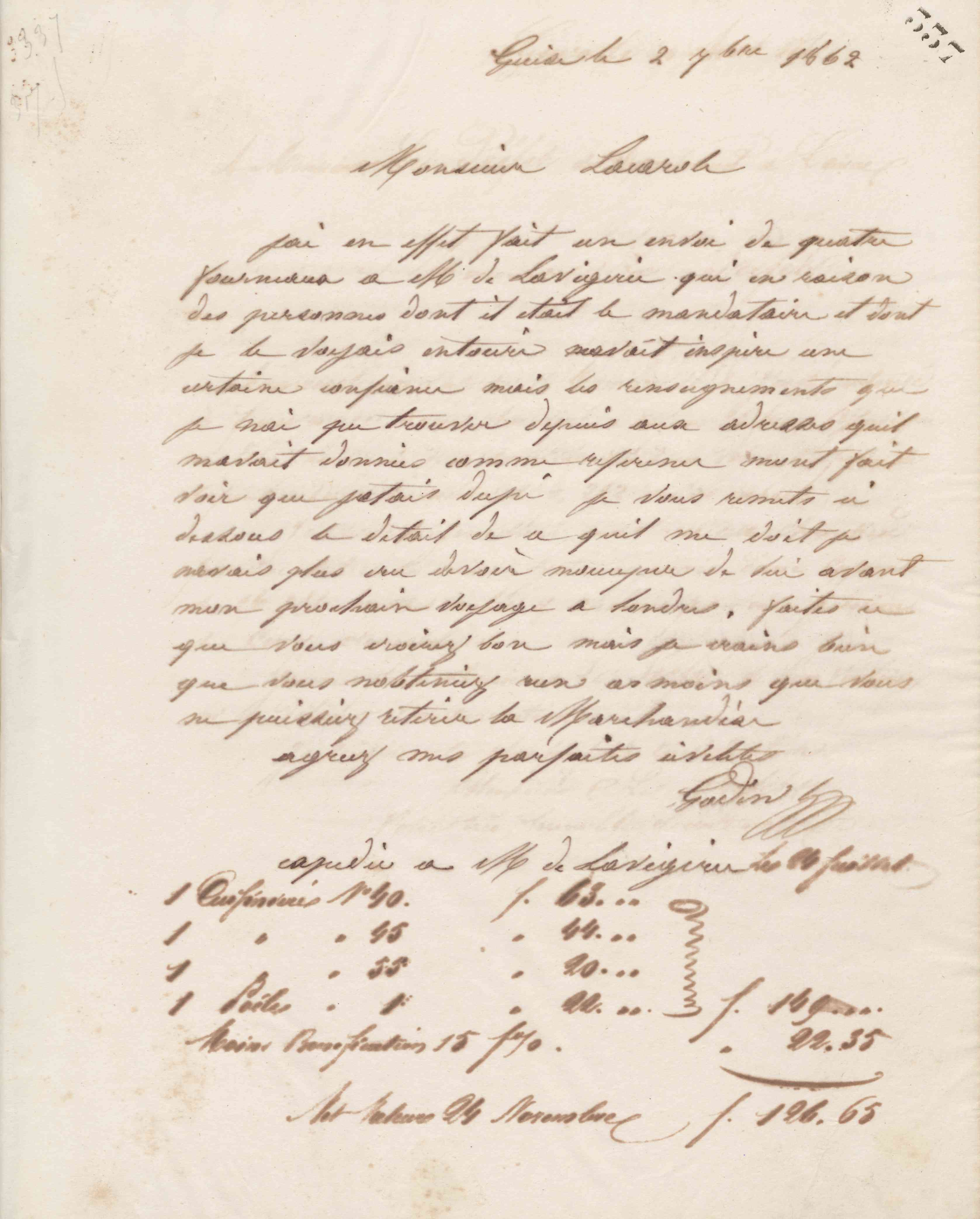 Jean-Baptiste André Godin à monsieur Lacarole, 2 septembre 1862