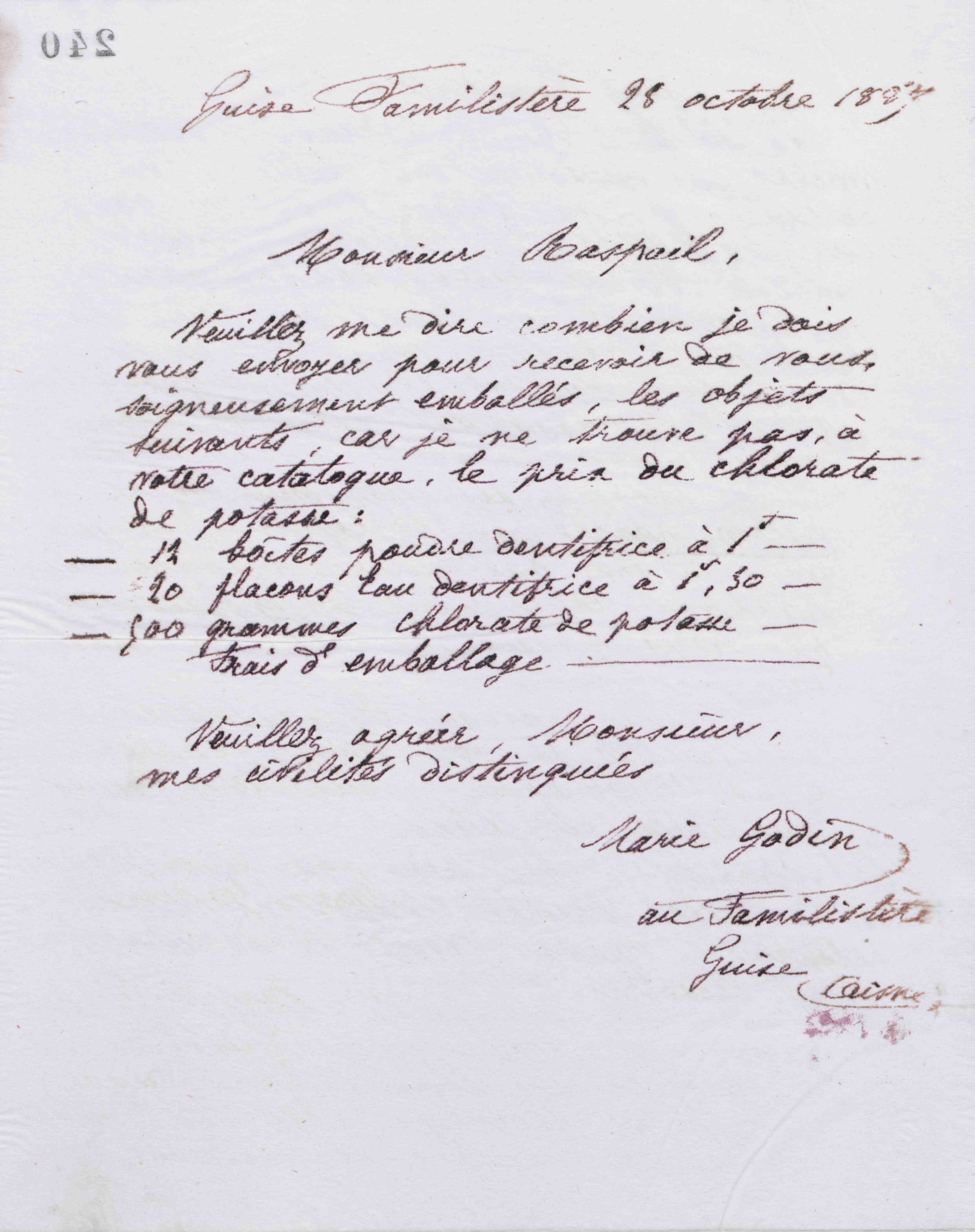 Marie Moret à E. Raspail et fils, 28 octobre 1887