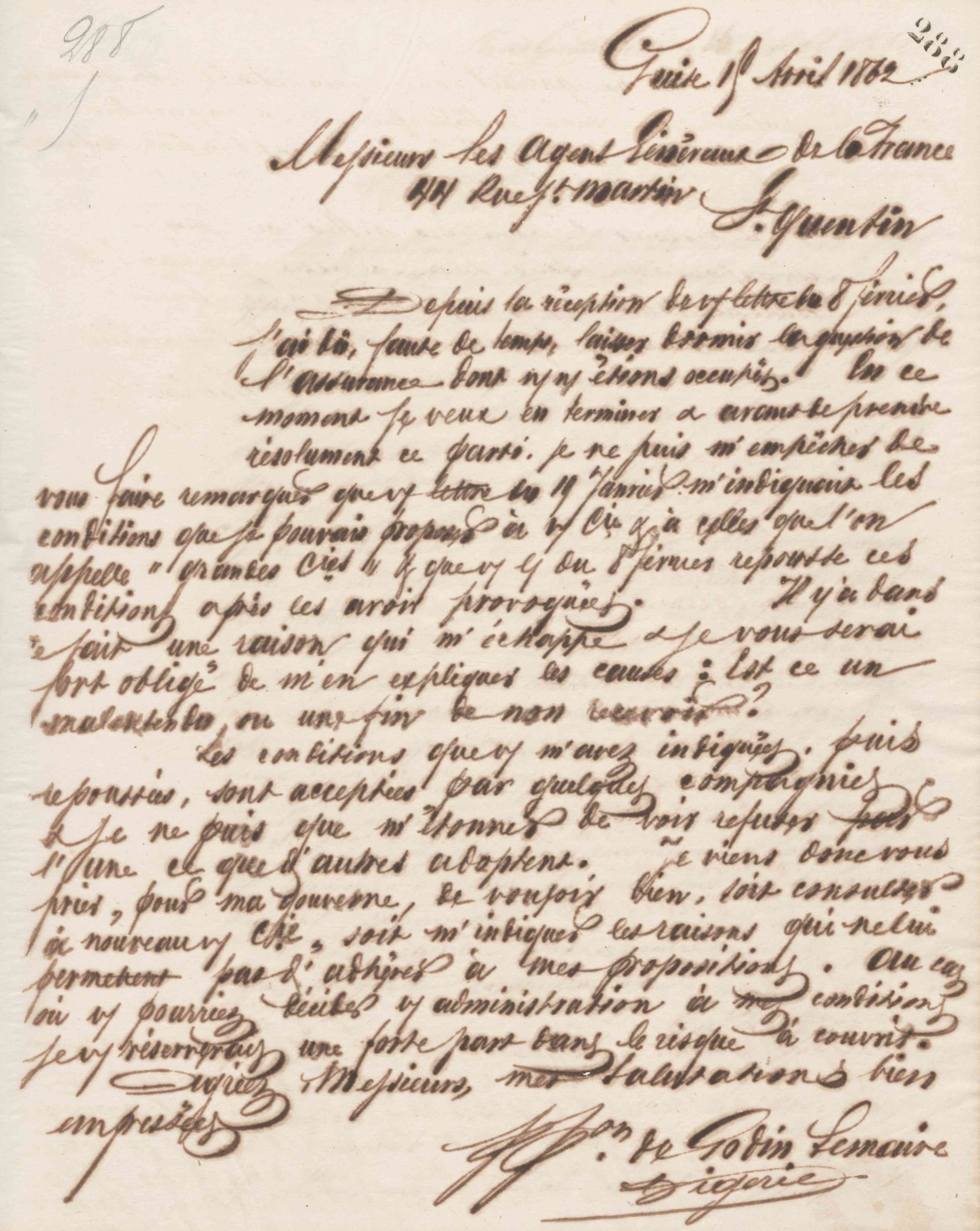 Jean-Baptiste André Godin à messieurs les agents généraux de La France, 15 avril 1862