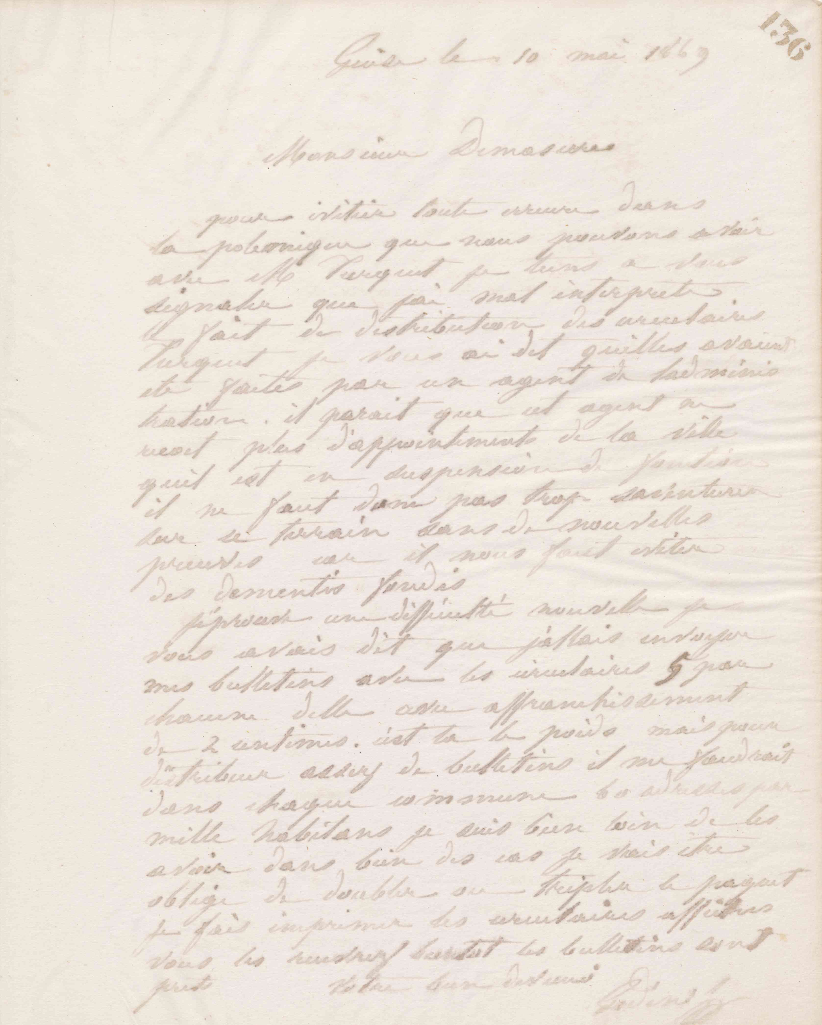 Jean-Baptiste André Godin à Alfred Desmasures, 10 mai 1869 Jean-Baptiste André Godin à Alfred Desmasures, 10 mai 1869