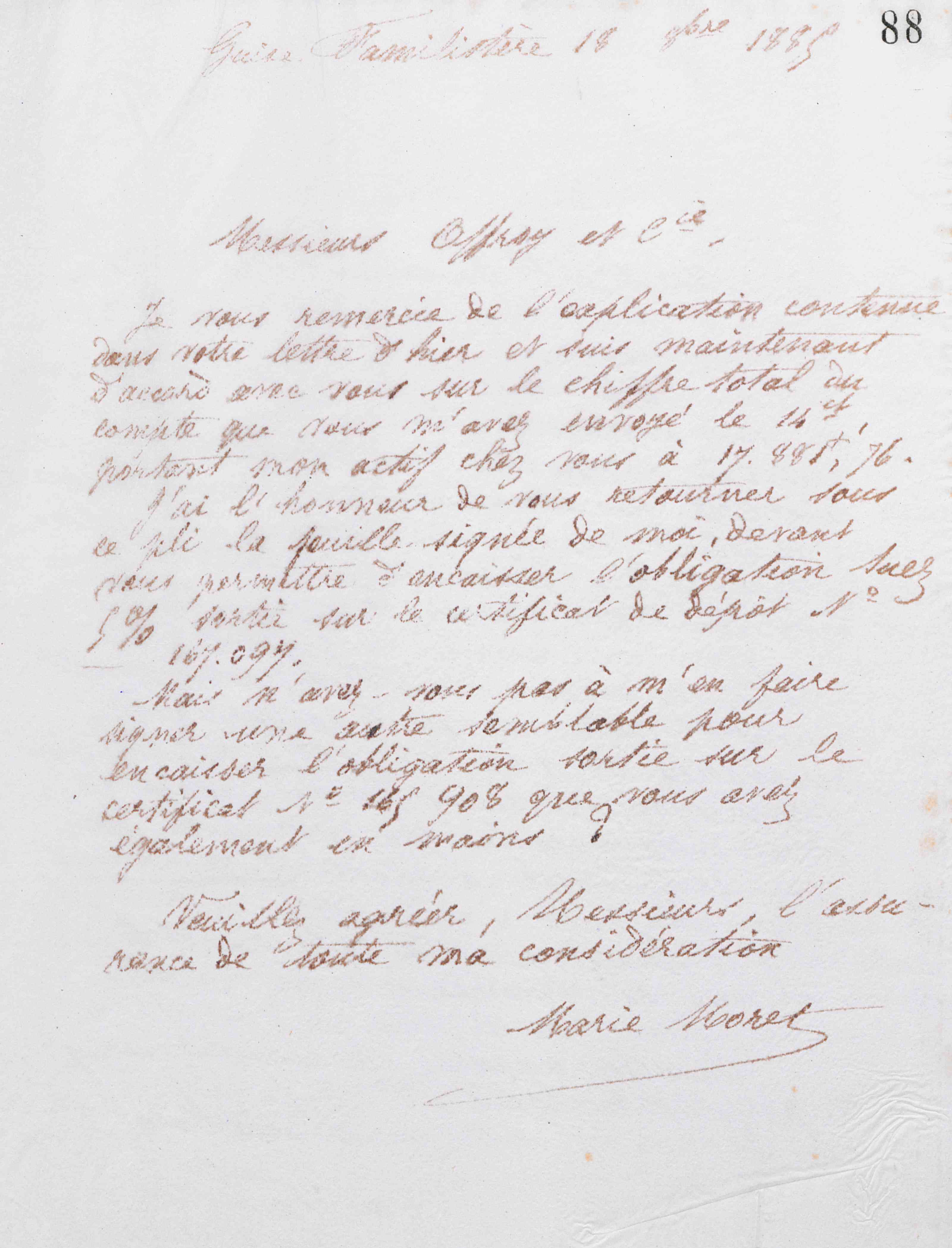 Marie Moret à Offroy et Cie, 18 octobre 1885 Marie Moret à Offroy et Cie, 18 octobre 1885