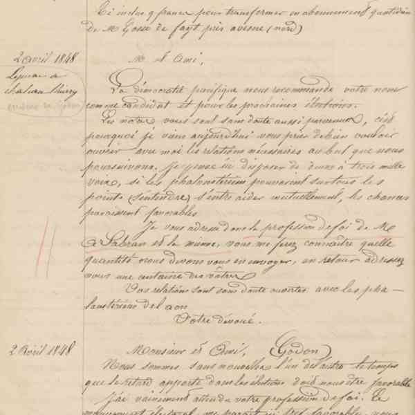 Jean-Baptiste André Godin aux gérants de La Démocratie pacifique, 14 mars 1848