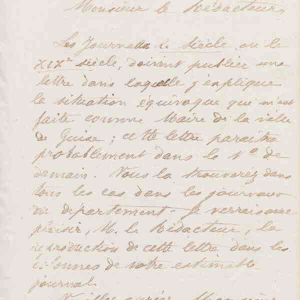 Jean-Baptiste André Godin au rédacteur d'un journal, 15 février 1874