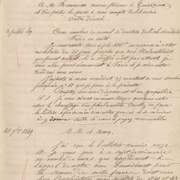 Jean-Baptiste André Godin aux membres du conseil de direction de l'École sociétaire, 3 juillet 1849