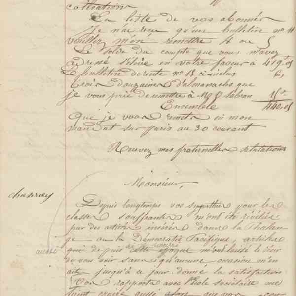 Jean-Baptiste André Godin aux gérants de La Démocratie pacifique, 8 novembre 1849