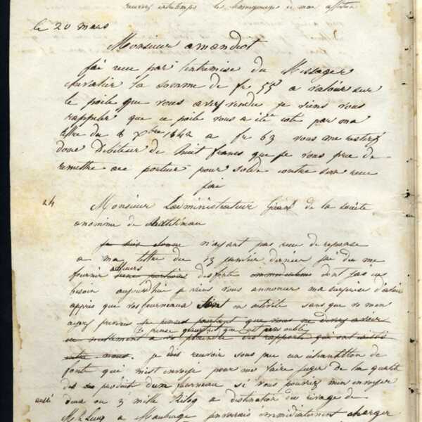 Jean-Baptiste André Godin à l'administrateur-gérant de la Société anonyme des hauts-fourneaux de Châtelineau, 24 [mars 1845]