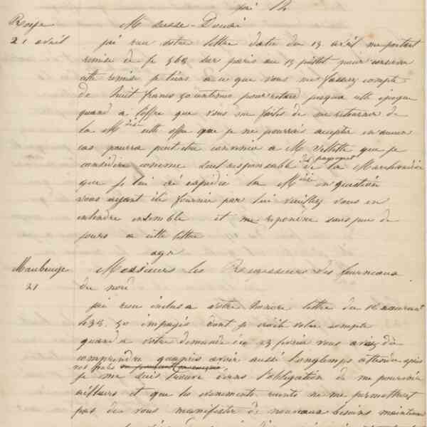 Jean-Baptiste André Godin à monsieur Houlon, 21 avril 1848
