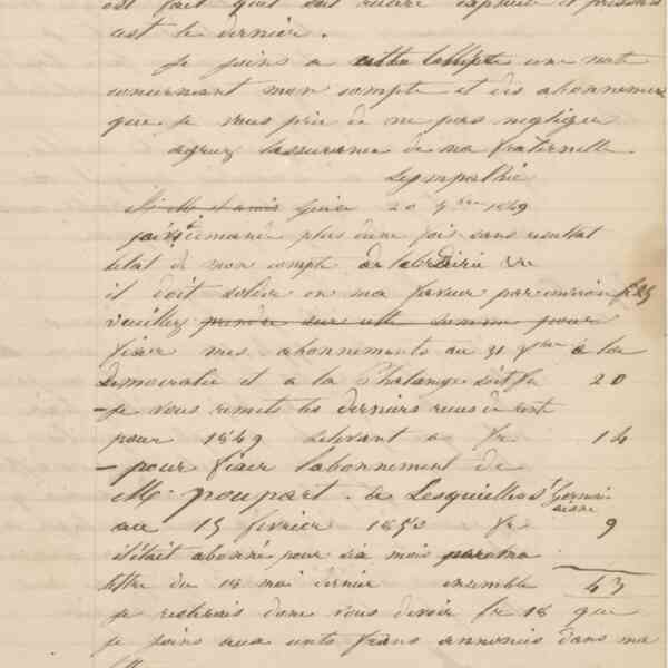Jean-Baptiste André Godin aux gérants de La Démocratie Pacifique et à l'École sociétaire, 20 [septembre 1849]
