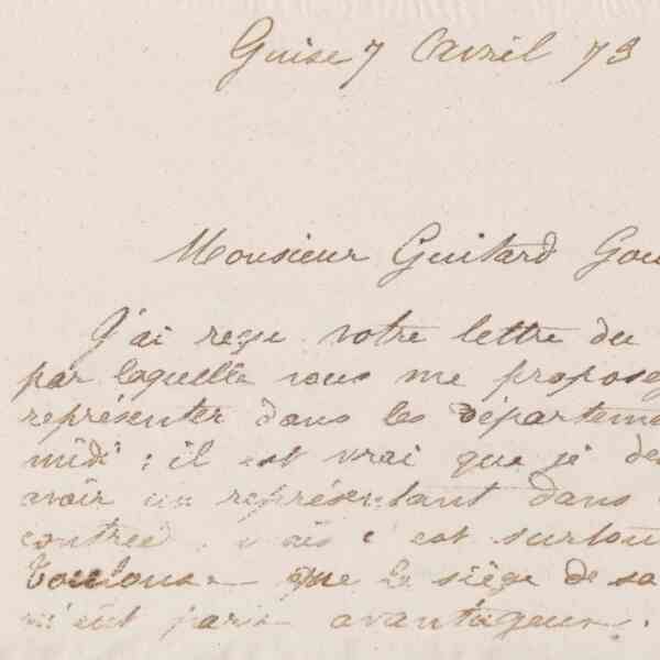 Jean-Baptiste André Godin à monsieur Guitard-Gouell, 7 avril 1873