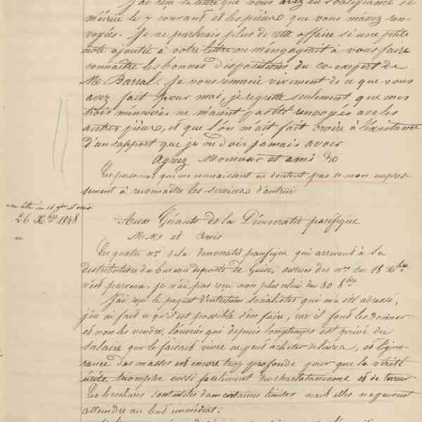 Jean-Baptiste André Godin aux gérants de La Démocratie pacifique, 5 août 1848