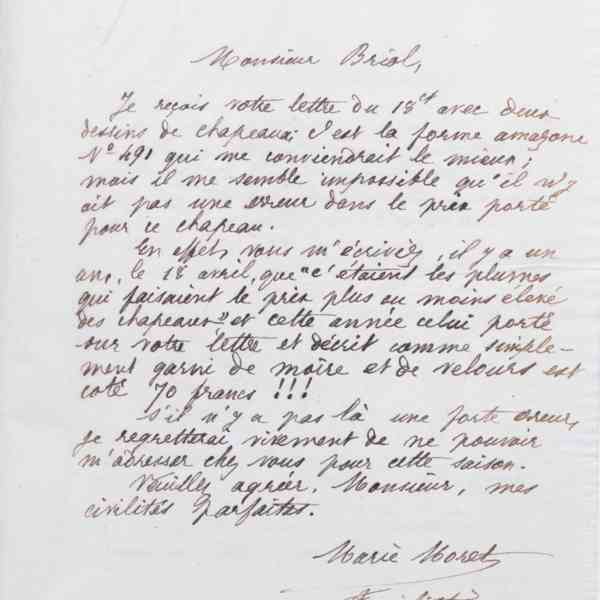 Marie Moret à Auguste Briol, 20 avril 1885