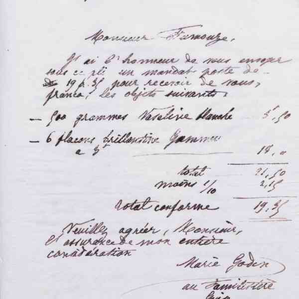 Marie Moret à Fumouze frères, 26 septembre 1887