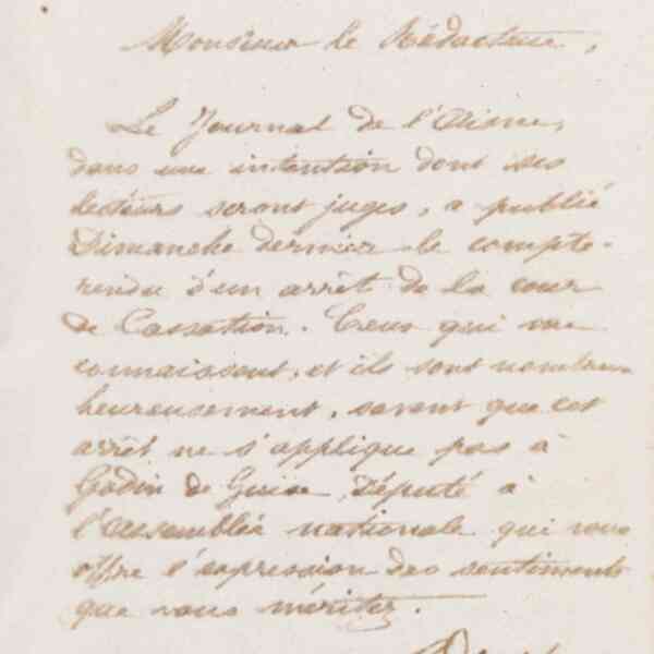 Jean-Baptiste André Godin au rédacteur du Journal de l'Aisne, 9 décembre 1873