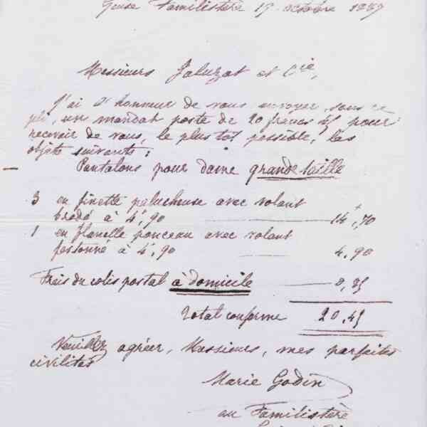 Marie Moret à Jaluzot et Cie, 19 octobre 1887
