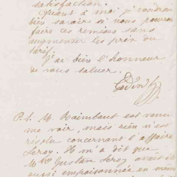 Jean-Baptiste André Godin à monsieur Delaruelle, 10 janvier 1874