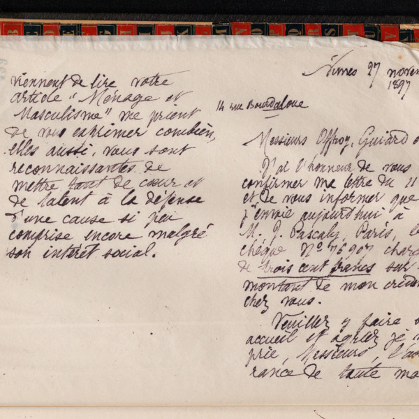 Marie Moret à Théophile Tholozan, 26 novembre 1897