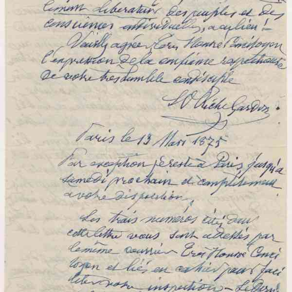 Luc-Pierre Riche-Gardon à Jean-Baptiste André Godin, 13 mars 1875