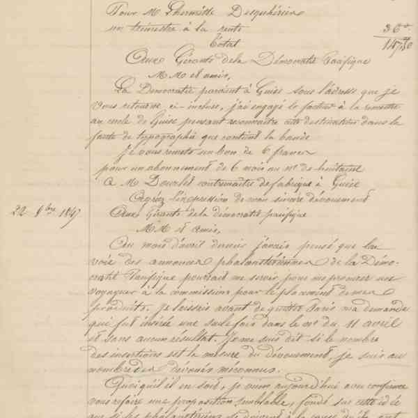 Jean-Baptiste André Godin aux gérants de La Démocratie pacifique, 24 juillet 1847