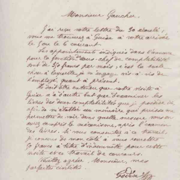 Jean-Baptiste André Godin à monsieur Gaucher, 2 avril 1876