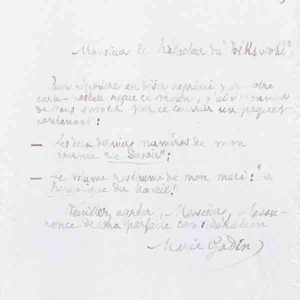 Marie Moret au rédacteur du journal VolksWohl, 12 décembre 1889